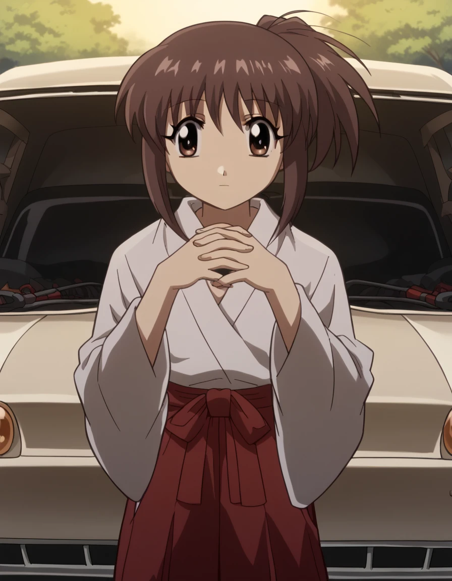 score_9, score_8_up, score_7_up, source_anime, <lora:kaoruko-sumireko-ichijou-s1-ponyxl-lora-nochekaiser:1>, kaoruko sumireko ichijou, brown hair, brown eyes,, skirt, long sleeves, japanese clothes, hakama, hakama skirt, miko, red hakama,, garage, car, tools, mechanic, repair, , <lora:gendou-pose-ponyxl-lora-nochekaiser:1>, gendou pose, own hands clasped, own hands together, parody,, looking at viewer, solo,, dutch angle, cowboy shot