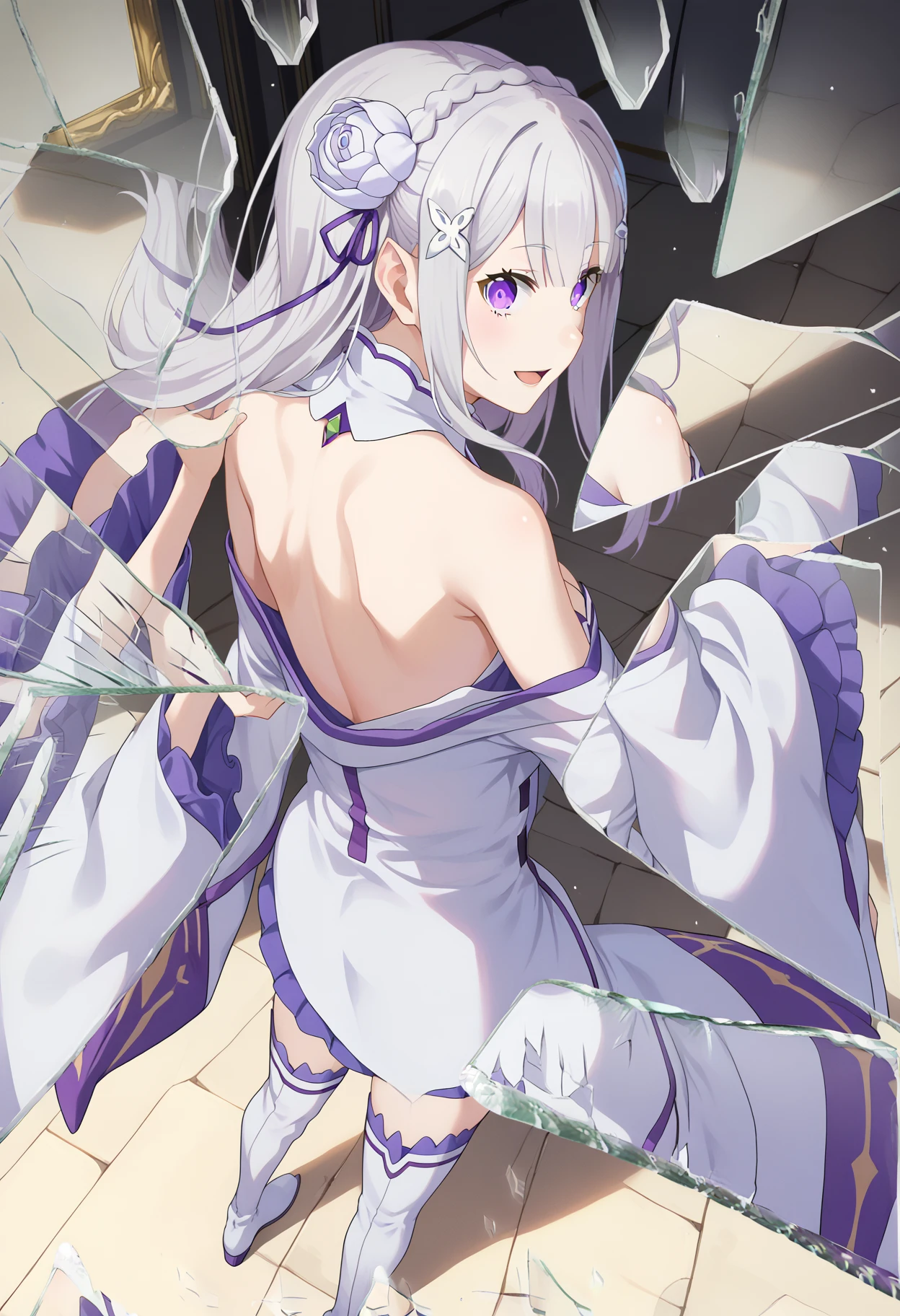 score_9, score_8_up, score_7_up, source_anime,
BREAK
1girl, solo,
<lora:shiEmiliaV2:1> shimilia, long hair, grey hair, purple eyes, pointy ears, crown braid, hair flower, hair ribbon, purple ribbon, x hair ornament, white dress, cleavage, bare shoulders, wide sleeves, white thighhighs, thigh boots,
<lora:shiMirrorGlassV1:1>, shibroglass, broken glass, glass shards, 
glass, shards,
looking at viewer, open mouth, smile, full body, 
looking back, off shoulder, from behind, back,