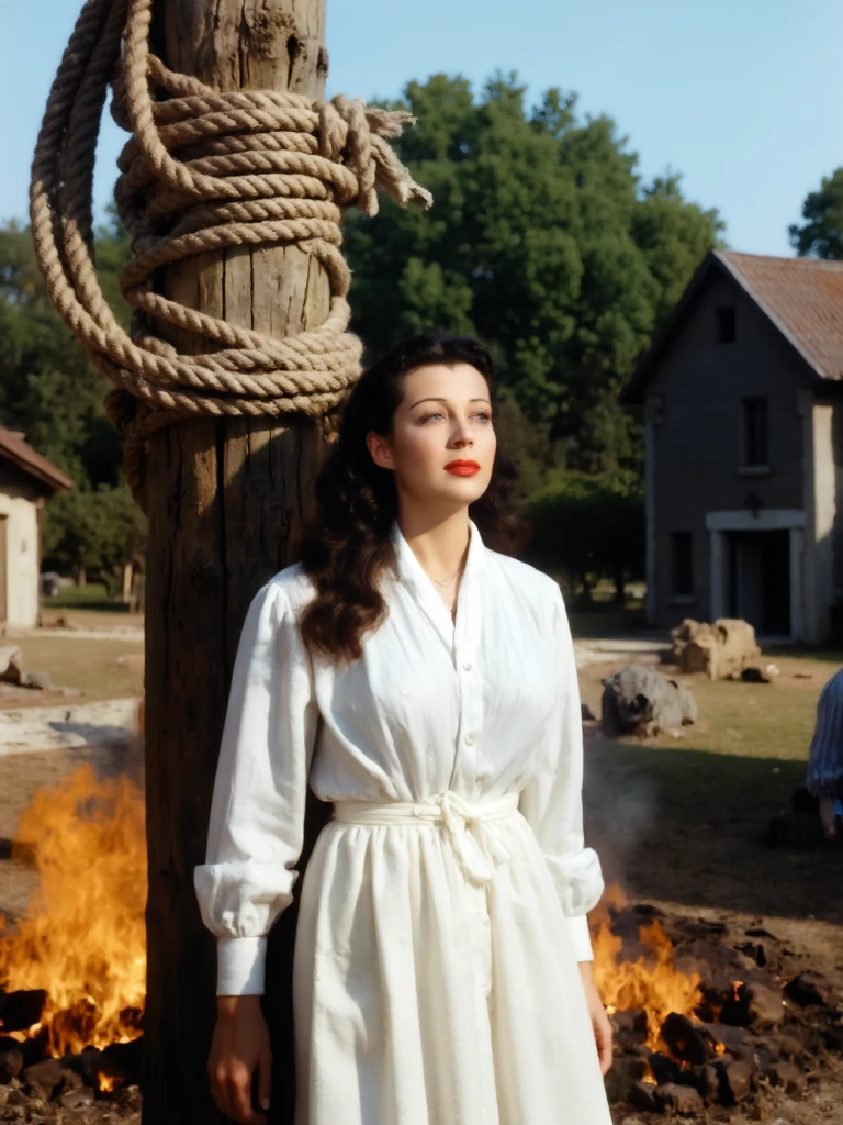 color movie still, breathtaking A classy and gorgeous gailrussflux as joan of ark, she is tied to a wodden post with large rope, The post is on fire, flames from fire surround embedding:denirichards, er, she looks up into heaven and says a prayer, Masterpiece, best quality, in the background we see a medieval French Village, she wears a white medieval peasant gown, sharp focus, highly detailed, 4k uhd, cinematic lighting, highly detailed, color Film , 

