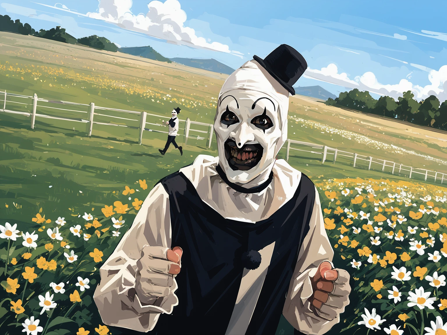 <lora:ArtTheClownN:0.8>, art_costume, art_the_clown, <lora:art_the_clown:0.35>, black eyes, male focus,
scenery, running in flower field, hands to side, smile, happy, cowboy shot, sky, dutch angle, upper body,
, 5_fingers, <lora:MandradjievRassstrovV2:0.8>, zPDXL3