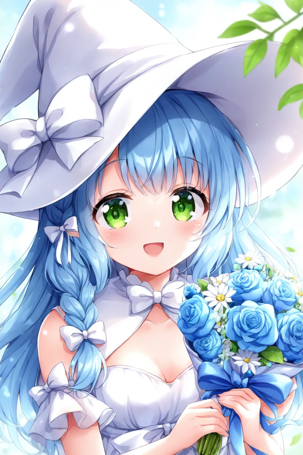 <lora:chiica:0.8>, 1girl, breasts, cleavage, flower, green eyes, solo, hat, bouquet, blue hair, smile, witch hat, long hair, open mouth, blue flower, braid, holding, upper body, dress, white headwear, white bow, bow, white flower, white dress, holding bouquet, small breasts, ribbon, side braid, rose, leaf, hat bow, hair bow,