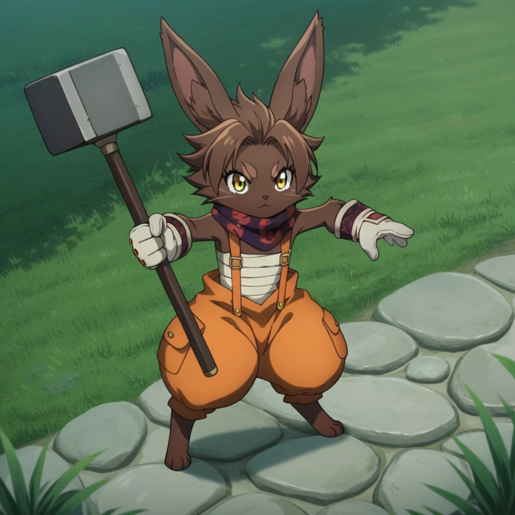 score_9, score_8_up, score_7_up, score_6_up, score_5_up, score_4_up, source_furry, Bilacslf, semi-anthro ,female, rabbit, brown fur, gold eyes, orange overalls, sarashi, gloves, scarf, outside, holding hammer, fighting stance, <lora:46eeec78-547f-4c56-b17b-d39f8b8f60a3:0.7>