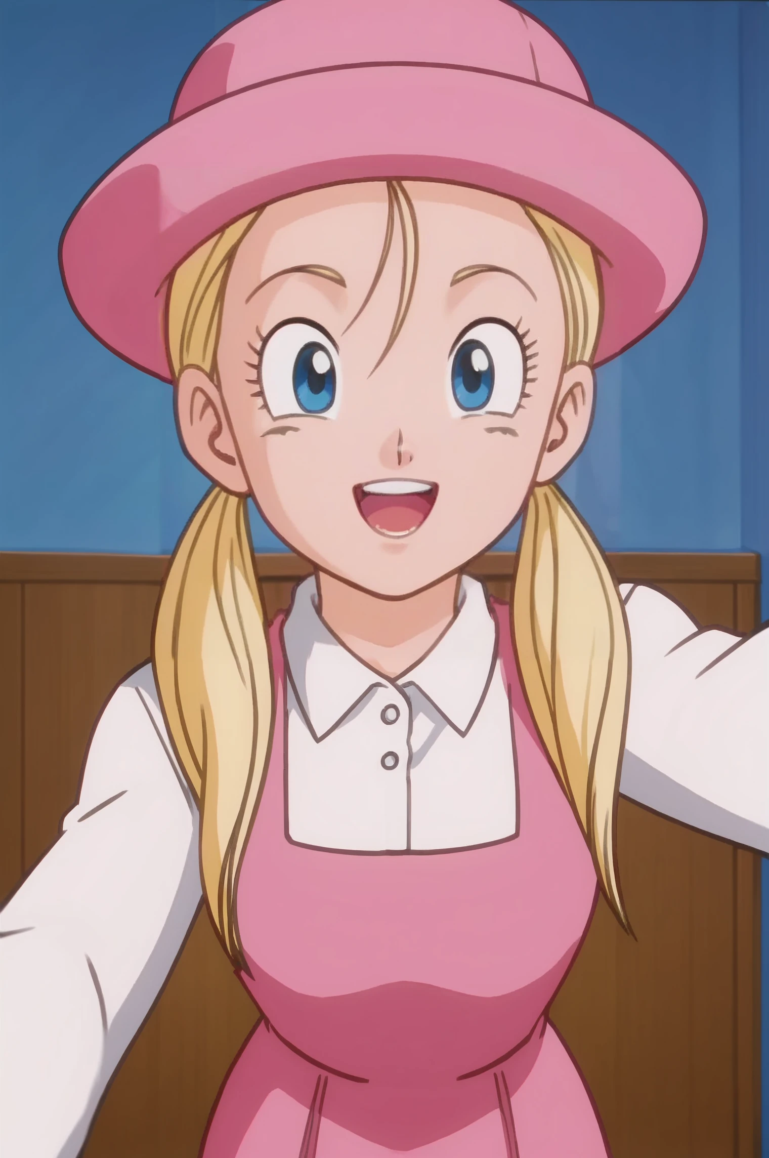 source_anime, score_9, score_8_up, score_7_up, anime screencap, absurdres, 
marron, official style, 1girl, solo, long hair, smile, open mouth, blue eyes, blonde hair, pork pie hat, twintails, white shirt, upper body, :d, teeth, collared shirt, low twintails, upper teeth only, pink dress, pink headwear, looking at viewer, selfie, long sleeves, sleeveless dress, eyelashes, indoors, mansion, 
 <lora:marron_pony_v2:0.8>