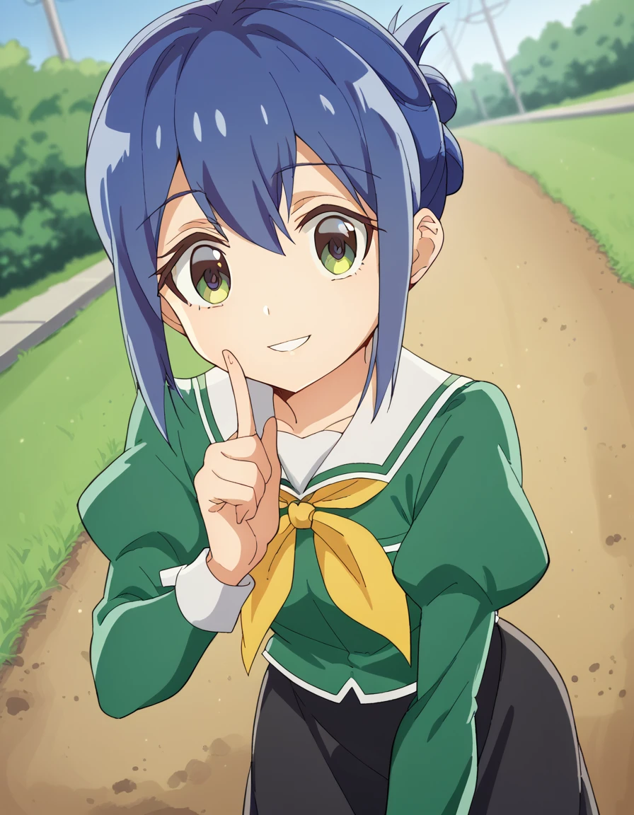 score_9, score_8_up, score_7_up, source_anime, <lora:kanoko-mamiya-s1-ponyxl-lora-nochekaiser:1>, kanoko mamiya, short hair, green eyes, blue hair, folded ponytail, sidelocks,, skirt, long sleeves, school uniform, puffy sleeves, neckerchief, green shirt, black skirt,, dirt road, rural, path, dust, nature, smile, <lora:finger-to-cheek-ponyxl-lora-nochekaiser:1>, finger to cheek, index finger raised, pointing at self, bedroom, parted lips, leaning forward, bent over, cowboy shot, dutch angle,, looking at viewer, solo,, dutch angle, cowboy shot