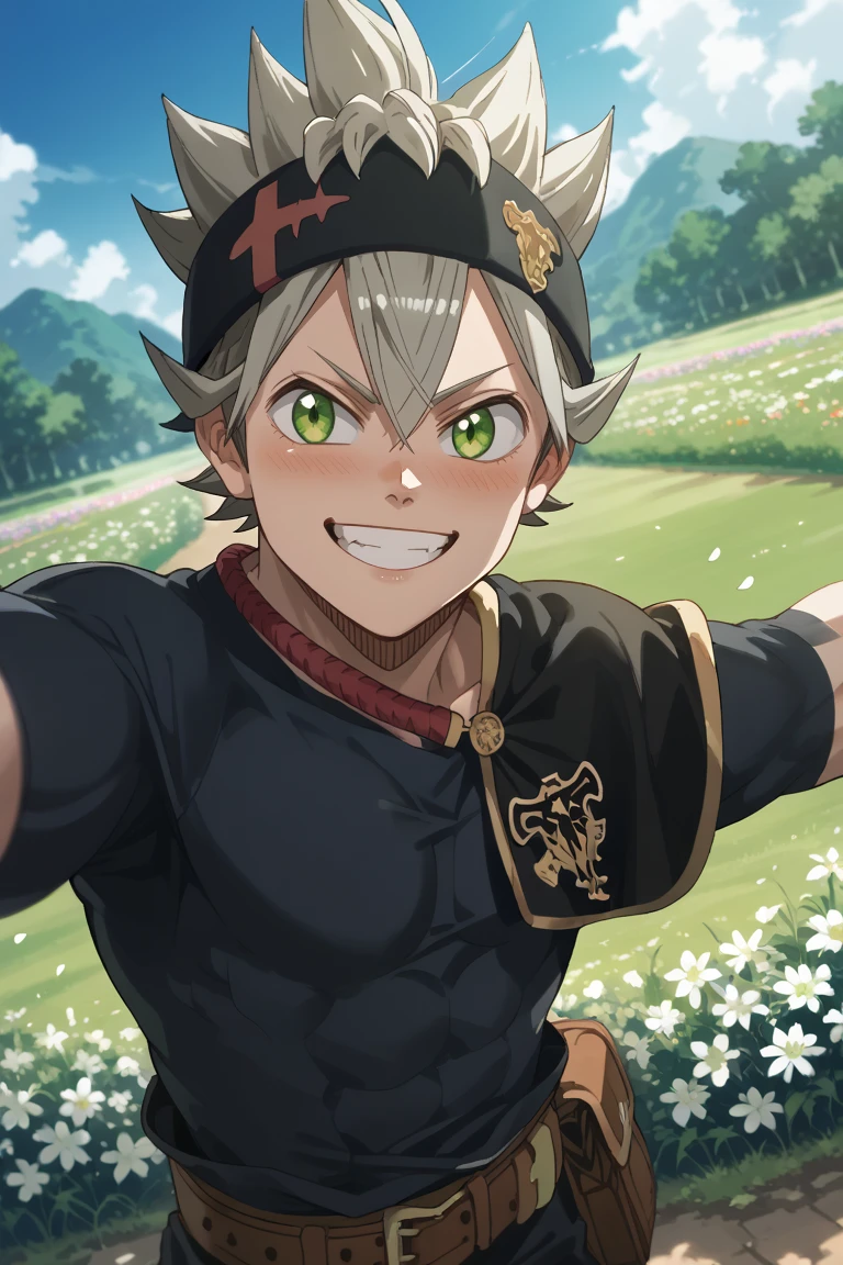 score_9, score_8_up, score_7_up, source_anime, rating_safe, day, natural lighting, spring theme, flowers, petals, male focus, selfie, outstretched arms, smiling, blushing, TSAstaBC, grey_TSAstaBC_spiked hair, green_TSAsta_eyes, grin, teeth, oversized arms, 1boy, blurry outdoors grass, scenery, from above, dutch angle, intricately detailed illustration, atmospheric perspective, depth of field