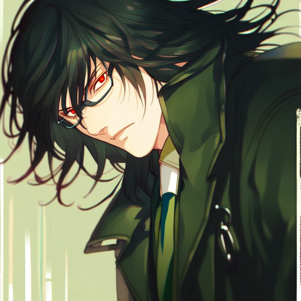 Teru Mikami, 1boy, solo, long hair, black hair, glasses, trench coat, green suit, necktie, red eyes, looking at you, score_9, score_8_up, score_7_up