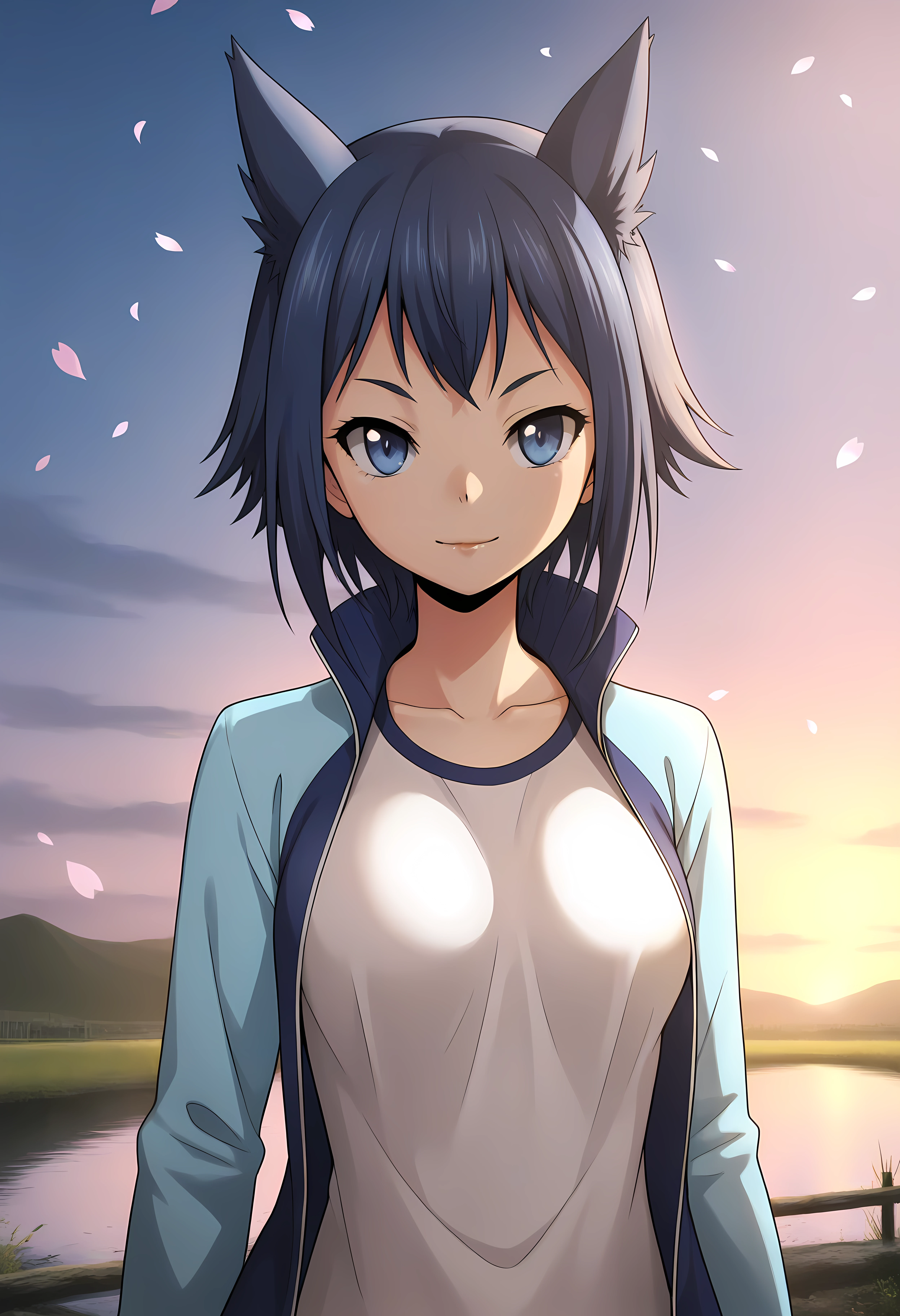 looking at viewer, shiny skin, upper body, light smile,ohwx, short_hair, blue_hair, 1girl, blue_eyes, breasts, black_hair, animal_ears, medium_breasts, long_hair, large_breasts,jacket, shirt, white_shirt, blue_jacket, track_jacket, Sakura petals floating on a clear stream, soft sunlight, peaceful and delicate atmosphere,<lora:rin_rokudou_illustrious_sobsynapse-000002:1>