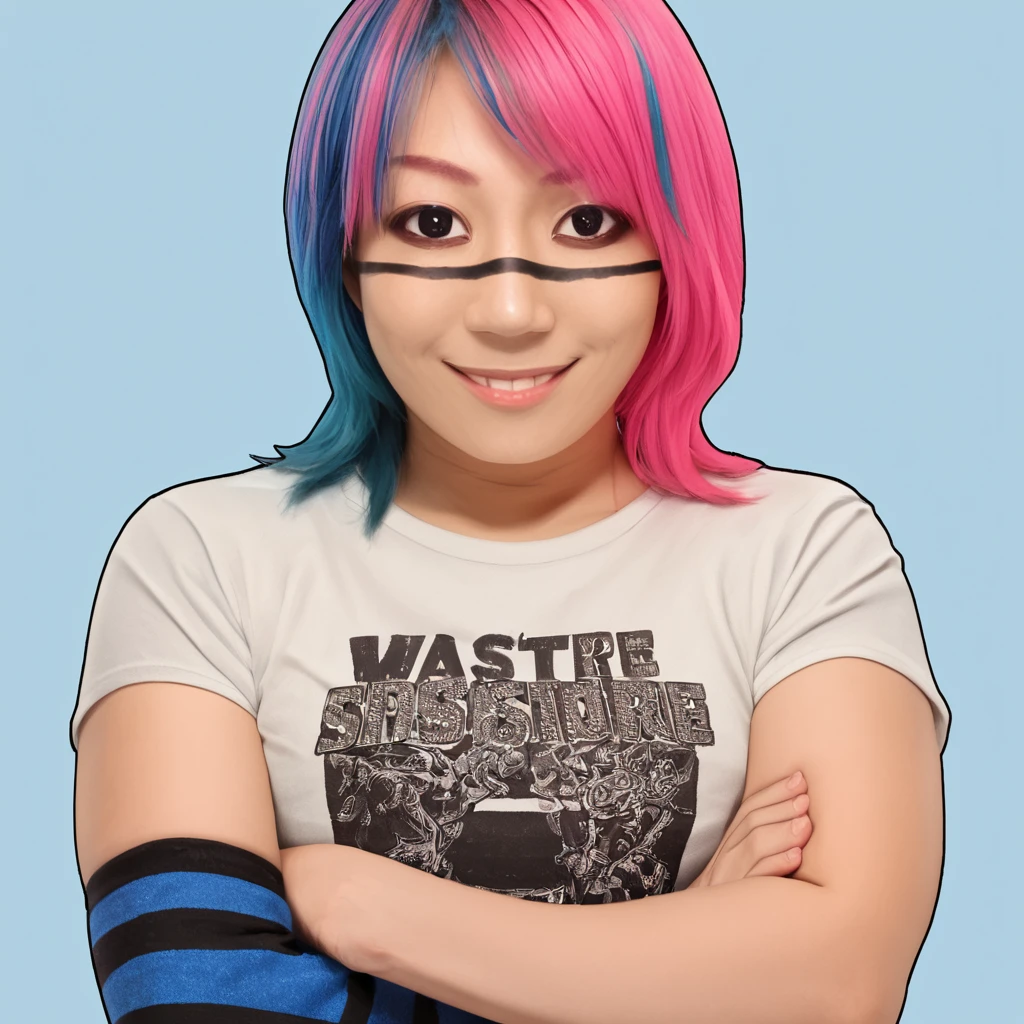 masterpiece, best quality,  <lora:Pony_Asuka_-_WWE_Superstar:1>, @suk@, 1girl, solo, multicolored hair, pink hair, realistic, linefacepaint, upper body, t-shirt, blue hair, crossed arms, elbow gloves, two-tone hair, looking at viewer, medium hair, smile, blue background, simple background