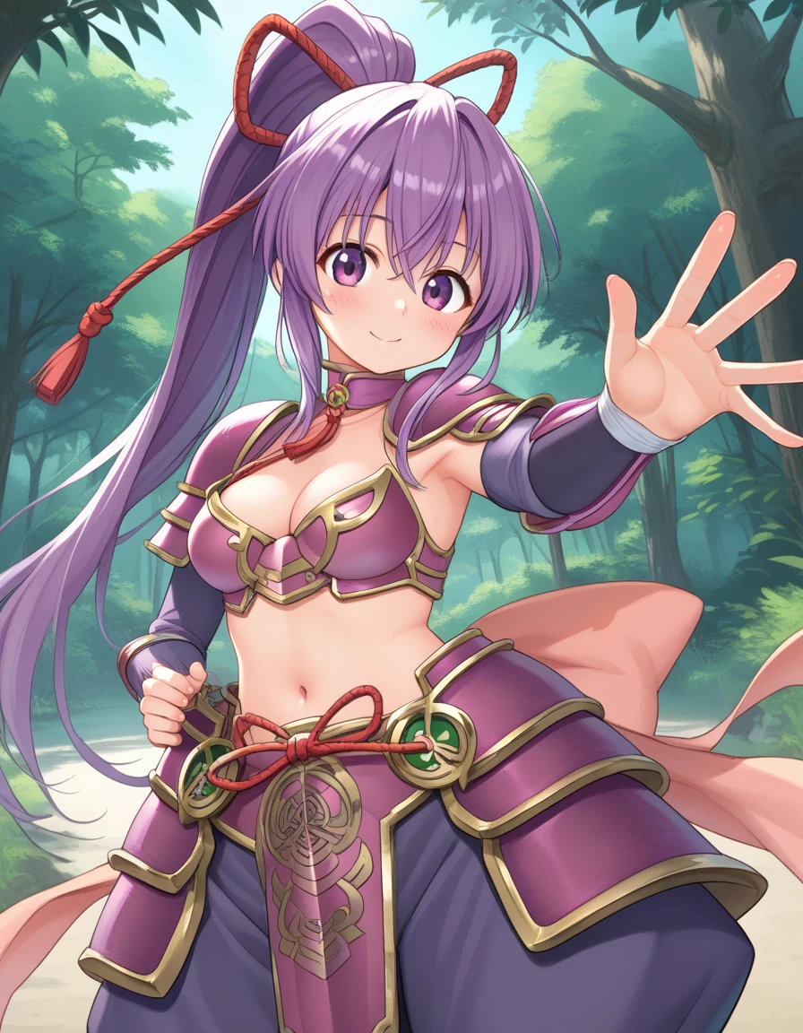 tokugawa_ieyasu_(sengoku_otome), purple hair, very long hair, purple eyes, high ponytail, medium breasts,
armor, bow, cleavage, choker, bikini armor, navel, faulds, puffy pants, sandals, tabi, 
<lora:tokugawa_ieyasu_(sengoku_otome)_Pony_v1:1>
standing, dynamic pose ,
closed mouth, blush,light smile
looking at viewer,(cowboy shot,:1.3),
outdoors,forest,,, score_9, score_8_up, score_7_up, best quapoty, highres, absurdres, source_anime, zPDXL3, 1girl,solo