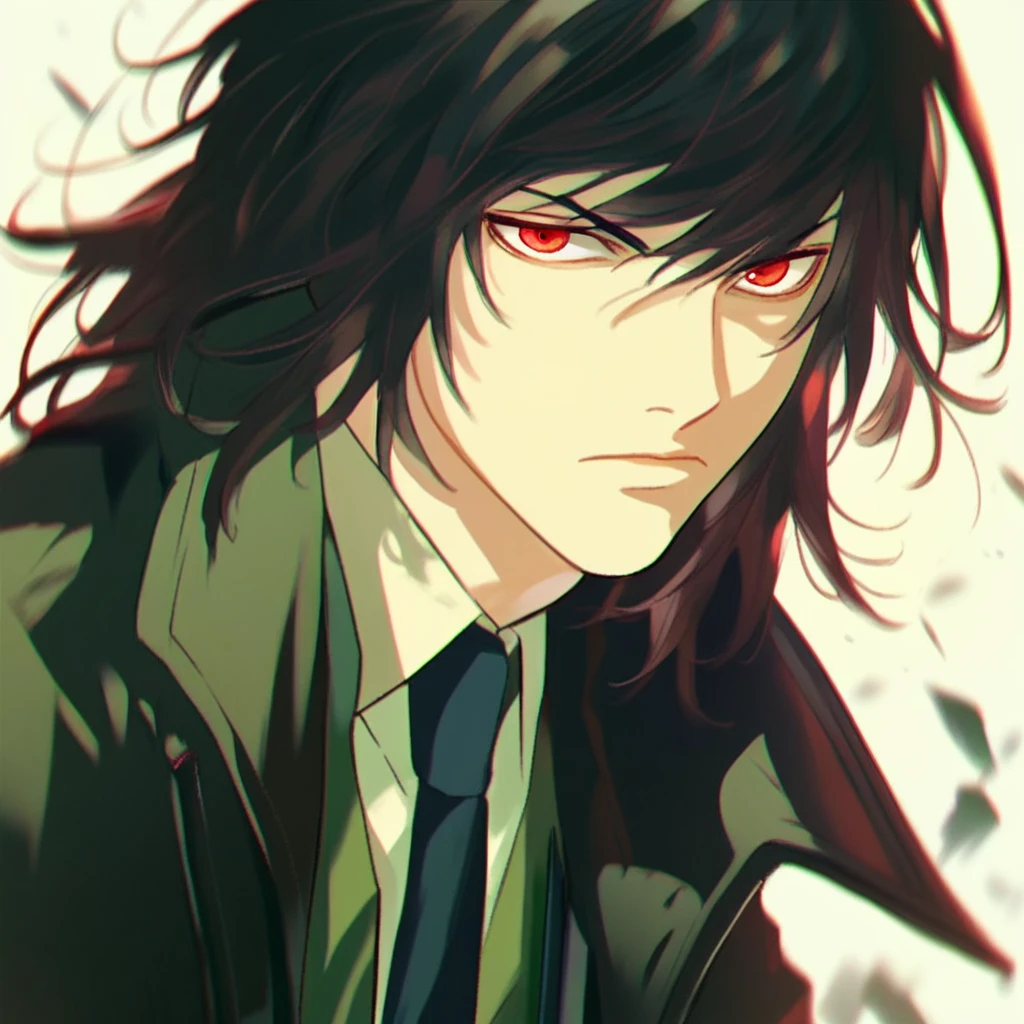 Teru Mikami, 1boy, solo, long hair, black hair, trench coat, green suit, necktie, red eyes, looking at you, score_9, score_8_up, score_7_up