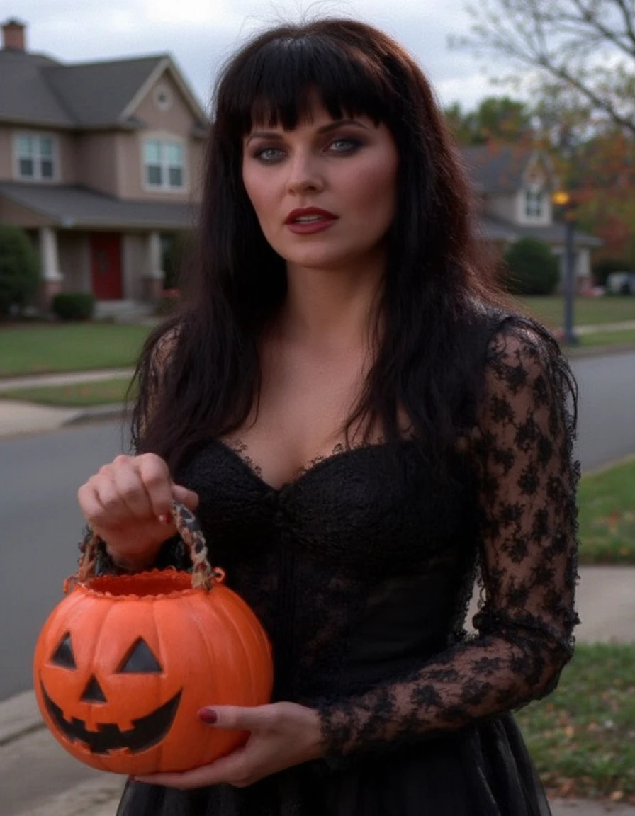 Xena, xena-eyes, dressed as a sexy vampire for Halloween, she is holding a pumpkin-shaped candy basket, dark red lipstick, smokey eyeshadow, black lace dress, long sleeves, neighborhood in background   <lora:flux_xena_128_newest:1.5>