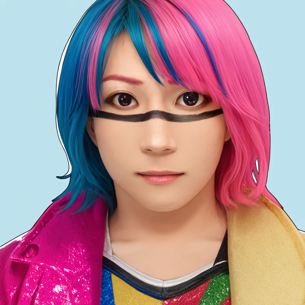 masterpiece, best quality,  <lora:Pony_Asuka_-_WWE_Superstar:1>, @suk@, 1girl, solo, multicolored hair, pink hair, realistic, linefacepaint, upper body, wrestling jacket, multicolored clothes, wrestling outfit, blue hair, two-tone hair, looking at viewer, medium hair, blue background, simple background