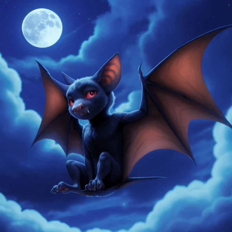 solo, male, batdrac, vampire bat, black fur, membranous wings, fangs, pink sclera, red eyes, colored sclera, smile, full-length portrait, flying, spread wings, tiny feet, body fur, glowing outline, backlighting, full moon, night, starry sky, cloudy sky, half-closed eyes, looking at viewer, masterpiece, extreme detail, perfect lighting, cgi, chibi, tiny body