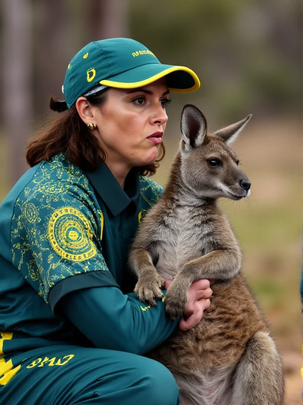 A woman wearing green baseball cap and a gree tracksuit is imitating a kangaroo in the australian bush <lora:Raygun:0.9>