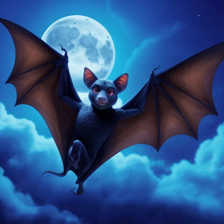 solo, male, batdrac, vampire bat, biped, black fur, tail, membranous wings, fangs, pink sclera, red eyes, colored sclera, smile, full-length portrait, flying, spread wings, tiny feet, body fur, glowing outline, backlighting, full moon, night, starry sky, cloudy sky, half-closed eyes, looking at viewer, masterpiece, extreme detail, perfect lighting, cgi, chibi, tiny body, flapping wings,