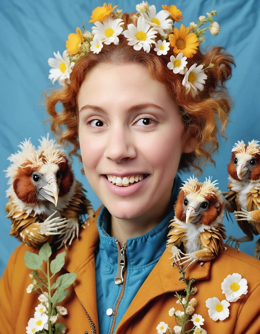 a professional face-focused absurdres intricately detailed photograph of the beautiful (solo:1.1) Leah_Voysey with thin-lipped smile a majestic jacket made of flowers and fried chicken and finger bones,
playing with several sugared-up delinquent marmosets,
 <lora:Leah_Voysey-SDXL:1>
 <lora:DonMW15pXL:1> DonMW15pXL, the head of a praying mantid