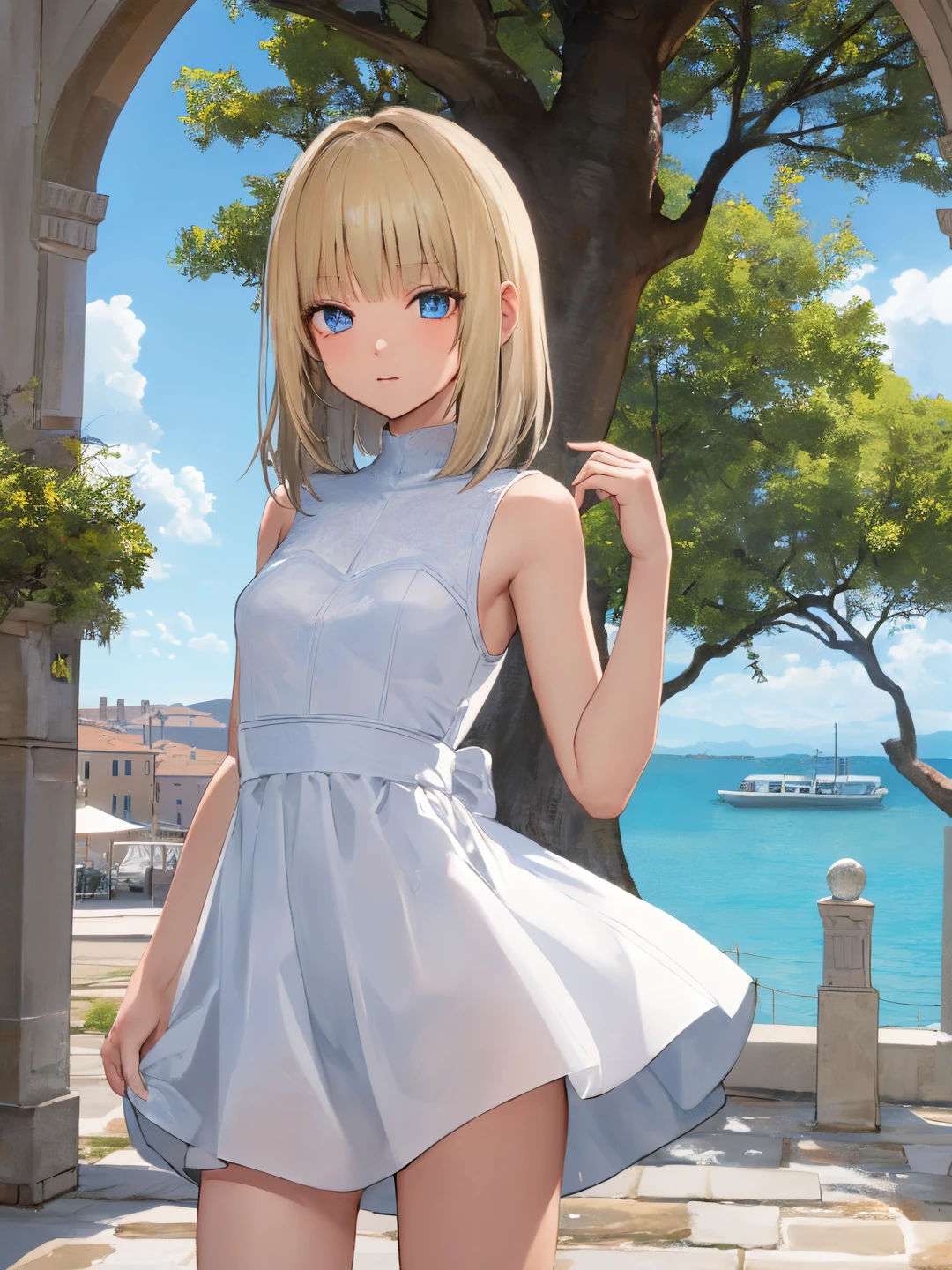 <lora:Lunafrena_L_0Rv2:0.62>
lunafrena-l, blue eyes, blonde hair, medium hair, small breasts
white dress, sleeveless
masterpiece, best quality, ultra-detailed, detailed, detailed skin, absurdres, 8k, digital art
1girl, solo, facing viewer, looking at viewer, standing, cowboy shot
(outdoors, fantasy, venice, stone floor, tree, flower bed, canal)