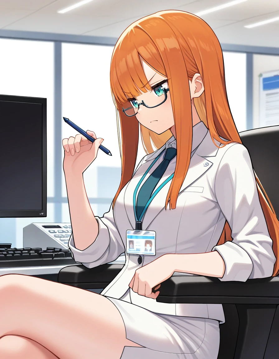 masterpiece, best quality,
office lady, solo, office, indoors, sitting, elbow rest, frown, angry, holding pencil, orange hair, aqua eyes, id card, necktie, white skirt, skirt, white suit, long hair, straight hair, long bangs, keyboard \(computer\), computer, monitor, under-rim eyewear,