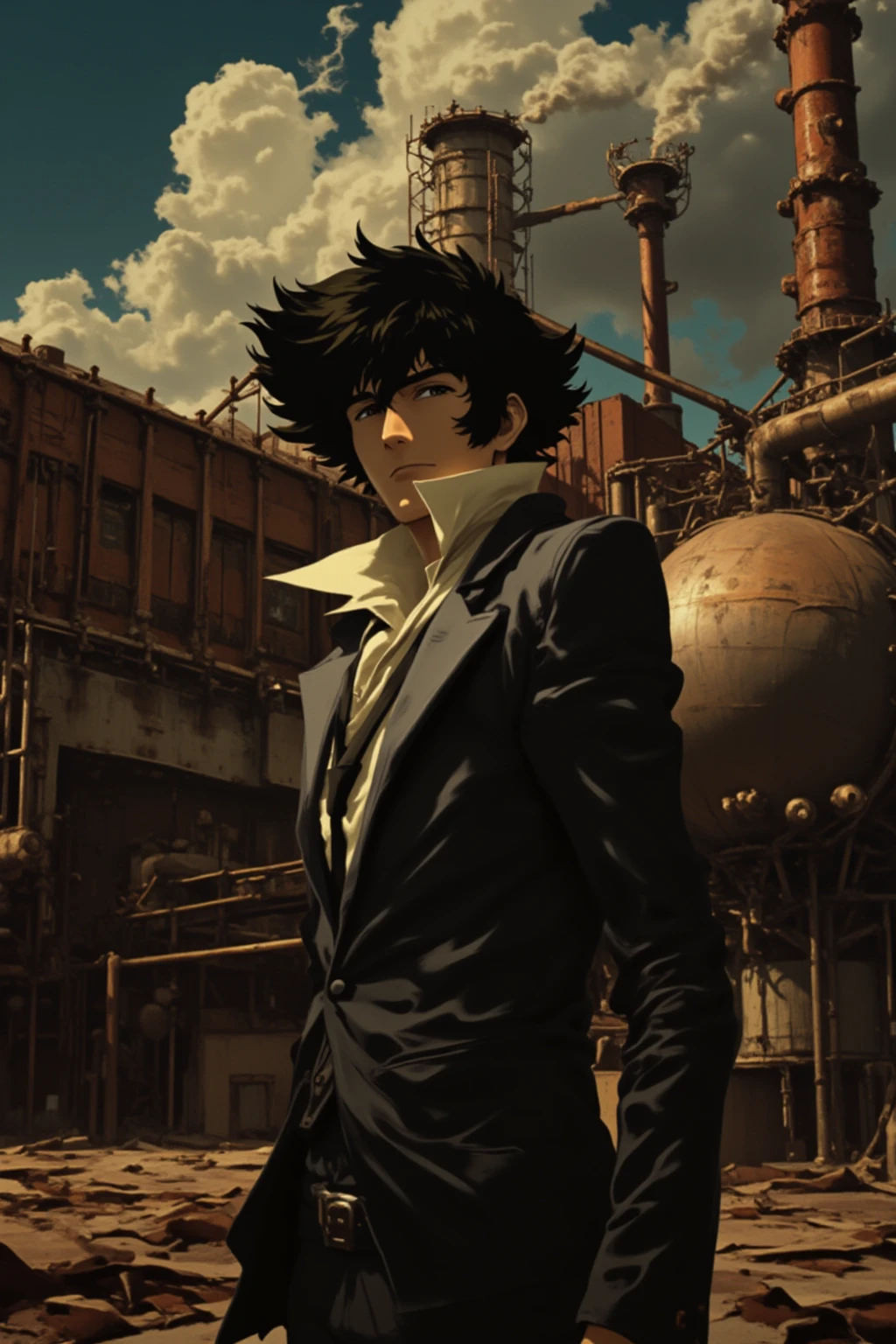 Spike,On the roof of the abandoned factory,cowboy bebop style.(light on face:1.8), black hair, 