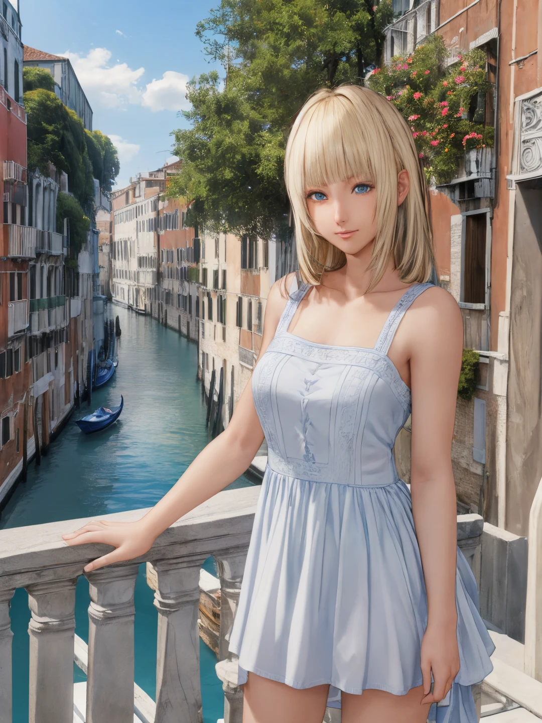 <lora:Lunafrena_L_0Rv2:0.7>, <lora:CC_Detail_Tweaker_1:0.5>
lunafrena-l, blue eyes, blonde hair, medium hair, small breasts
white dress, sleeveless
masterpiece, best quality, ultra-detailed, detailed, detailed skin, absurdres, 8k, digital art
1girl, solo, facing viewer, looking at viewer, standing, cowboy shot
(outdoors, fantasy, venice, stone floor, tree, flower bed, canal)