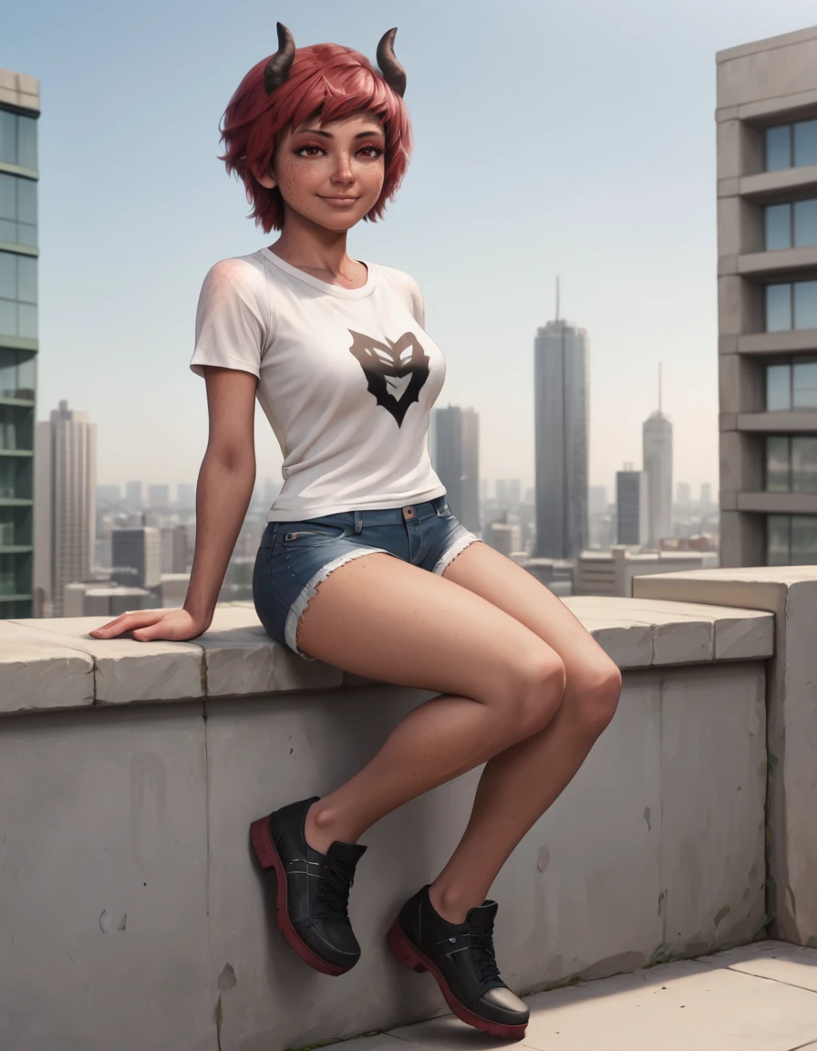 outdoors,detailed background,city, cityscape, 
Lilith,1girl,solo,red hair,short hair,freckles,horns,red eyes,realistic,demon girl,demon horns,dark skin,body freckles,long eyelashes,
full body,seductive smile, 
denim shorts, white t-shirt,black footwear, 
<lora:Lilith_v01_PDXL:1>,