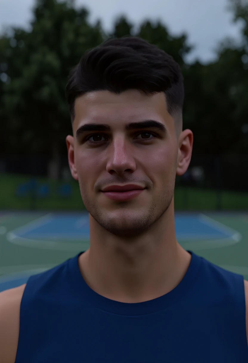 Photograph of  youngMoxie, 20 year old american caucasian man, crew cut, dark hair, no facial hair, skinny, happy and expression, close-up, looking at viewer, outdoor basketball court in the background,   <lora:flux_trainer/youngMoxie_v1_rank16_bf16:1.0>,