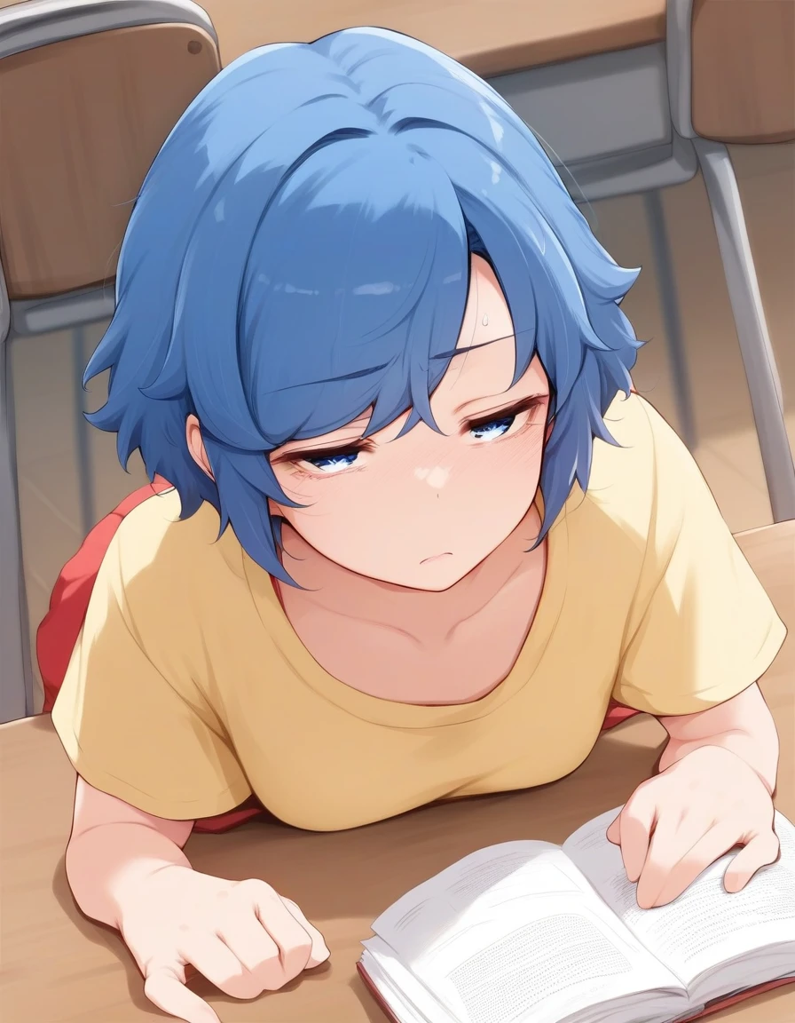 score_9, score_8_up, score_7_up,score_6_up,score_5_up, rating_safe, 1girl, dorothy west, blue hair, short hair, laying on a desk, sleepy, half-closed eyes, yellow shirt, on stomach, sitting, blue eyes, 
 <lora:yonekura_hisaki_pony6_v1-000035:.9>