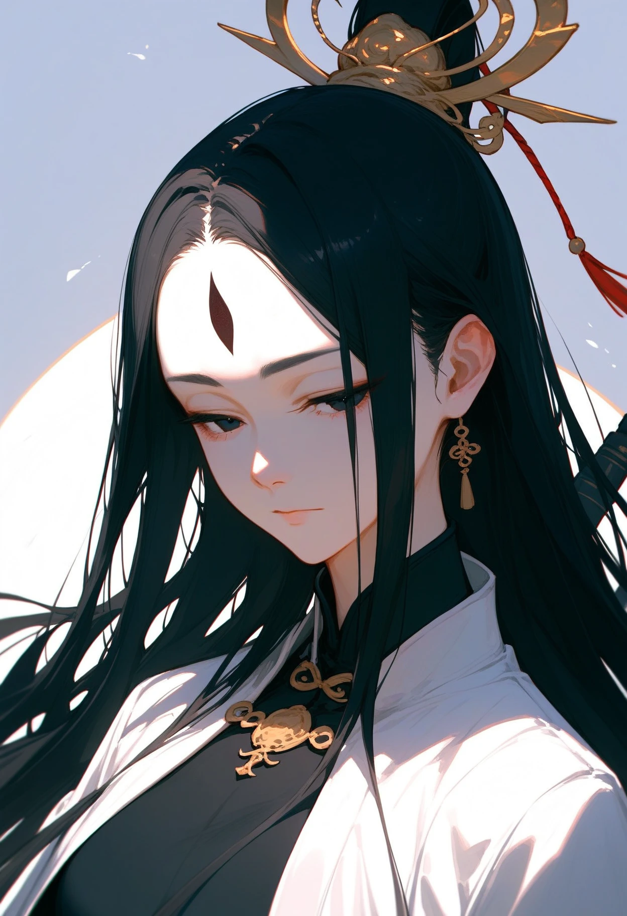 score_9,score_8_up,score_7_up,source_anime,

erlangshenpony,black eyes,1girl, long hair,black hair,  hair ornament, forehead mark,white coat, long hair, hanfu,portrait, face focus,close-up, half-closed eyes,open clothes,black bodysuit,  