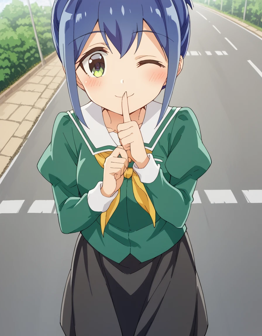 score_9, score_8_up, score_7_up, source_anime, <lora:kanoko-mamiya-s1-ponyxl-lora-nochekaiser:1>, kanoko mamiya, short hair, green eyes, blue hair, folded ponytail, sidelocks,, skirt, long sleeves, school uniform, puffy sleeves, neckerchief, green shirt, black skirt,, bridge, connection, water, road, cars, , <lora:shushing-ponyxl-lora-nochekaiser:1>, shushing, finger to mouth, index finger raised, from above, library, smile, blush, one eye closed, dutch angle,, looking at viewer, solo,, dutch angle, cowboy shot