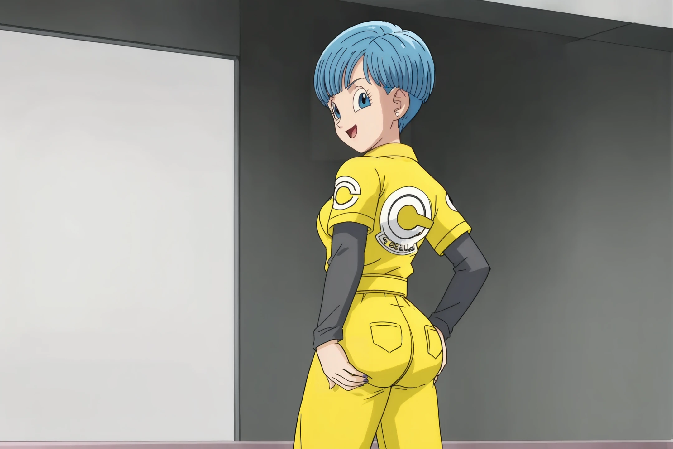 source_anime, score_9, score_8_up, score_7_up, anime screencap,8k, absurd res,
bulma, 1girl, solo, breasts, smile, ((bowl cut)), short hair, open mouth, blue eyes, jewelry, blue hair, earrings, cowboy shot, belt, hand on own ass, looking at ass, yellow jumpsuit, black undershirt, short over long sleeves, layered sleeves
 <lora:bulmaDBS_pony_v3:0.8>