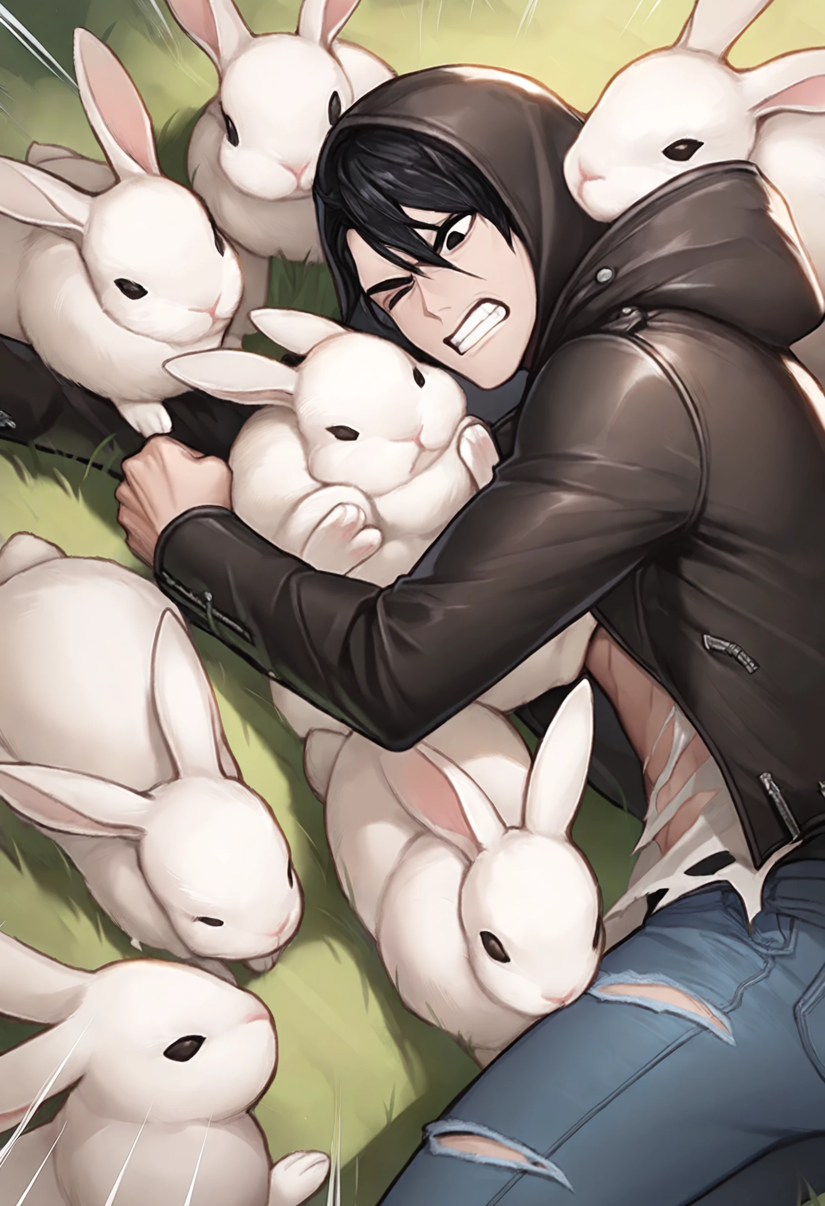 masterpiece, best quality, 1boy, solo, skinny, hood, torn shirt, leather jacket, hooded jacket, jeans, black hair, black eyes, wince, rabbit,surrounded, blocking, hand up, clenched fist, grass, nature, outdoors, clenched teeth, emphasis lines, cuddling, <lora:kingsstyle-illu-beta2-25:1>