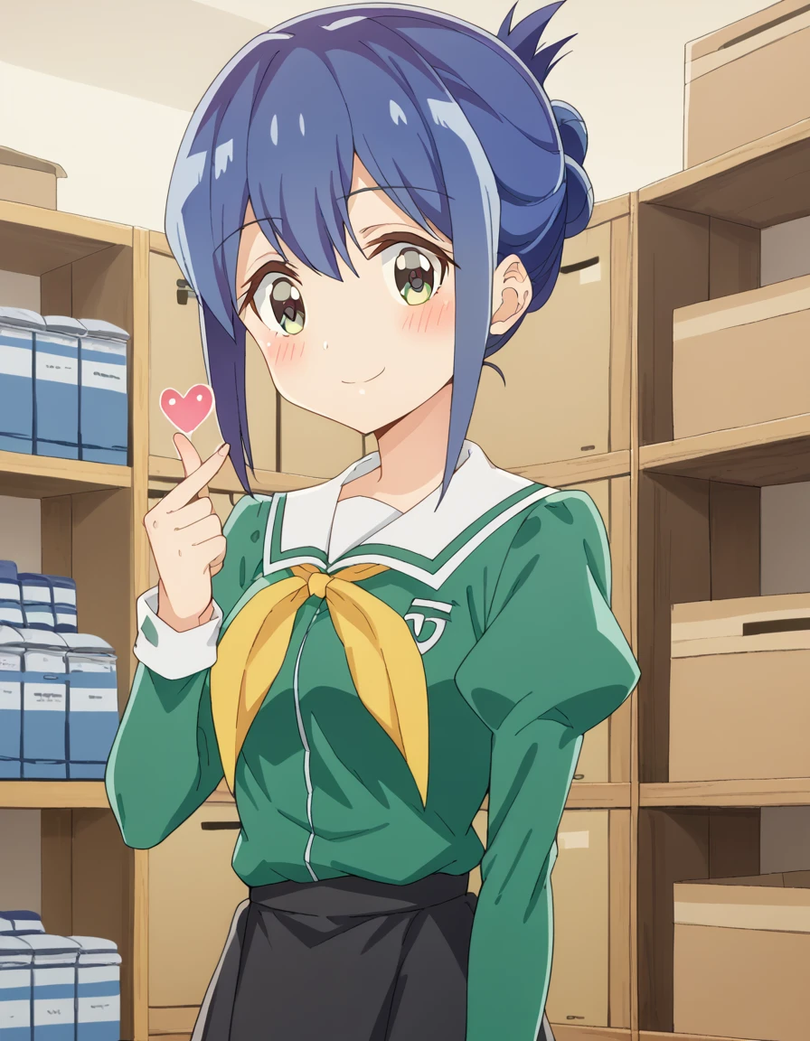 score_9, score_8_up, score_7_up, source_anime, <lora:kanoko-mamiya-s1-ponyxl-lora-nochekaiser:1>, kanoko mamiya, short hair, green eyes, blue hair, folded ponytail, sidelocks,, skirt, long sleeves, school uniform, puffy sleeves, neckerchief, green shirt, black skirt,, warehouse, storage, shelves, boxes, large, , <lora:finger-heart-ponyxl-lora-nochekaiser:1>, finger heart, heart, blush, smile,, looking at viewer, solo,, dutch angle, cowboy shot