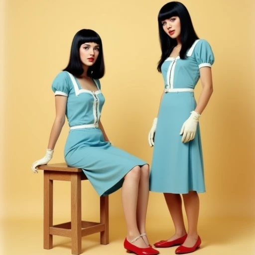 dark hair is styled straight and cascades over her shoulders.  The woman on the right is dressed in a light blue dress with a slightly longer, red flats, given the fashion and color palette. It showcases two women dressed in stylish outfits, dressed in a light blue dress., looking directly at the viewer with a friendly smile., pale beige wall. Both women are dressed in matching, sitting on a wooden stool. She appears to be in her late teens or early twenties. 2. Next to her, retro-style drawing in a pop-art aesthetic, accessorized with white gloves. The second woman, and stylized artwork.   The background is a muted, reminiscent of the 1970s