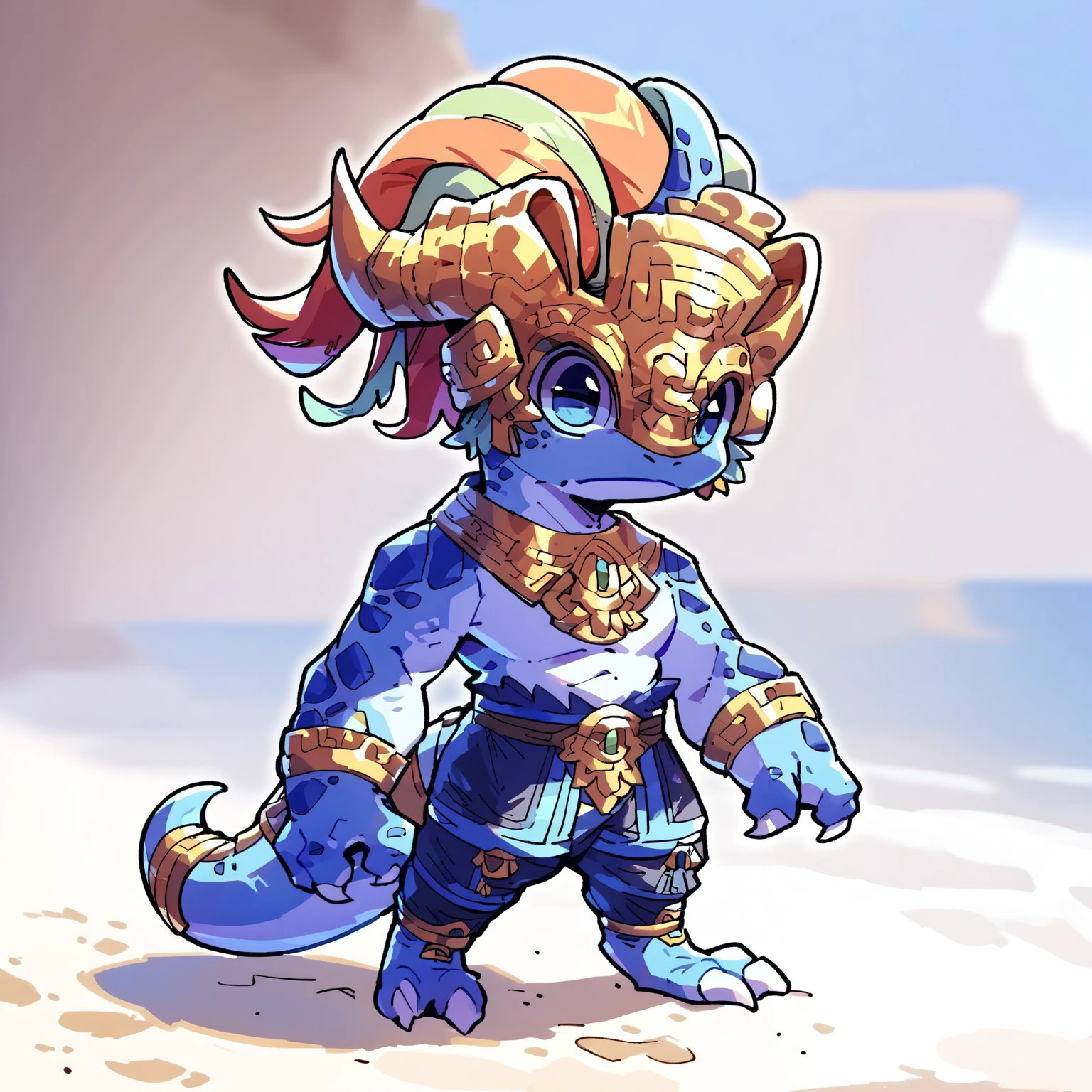 score_9, score_8_up, score_8, score_7_up, score_7, source_furry,rating_safe,  best quality,ZoraalJa, (solo), furry male, reptile,   feathered headdress, gold headwear, blue scales, blue body, standing, beach, sand, plam tree, (4fingers:1.2), chibi, big eyes, nice claws, nice eyes, (simple background ), tail ring 