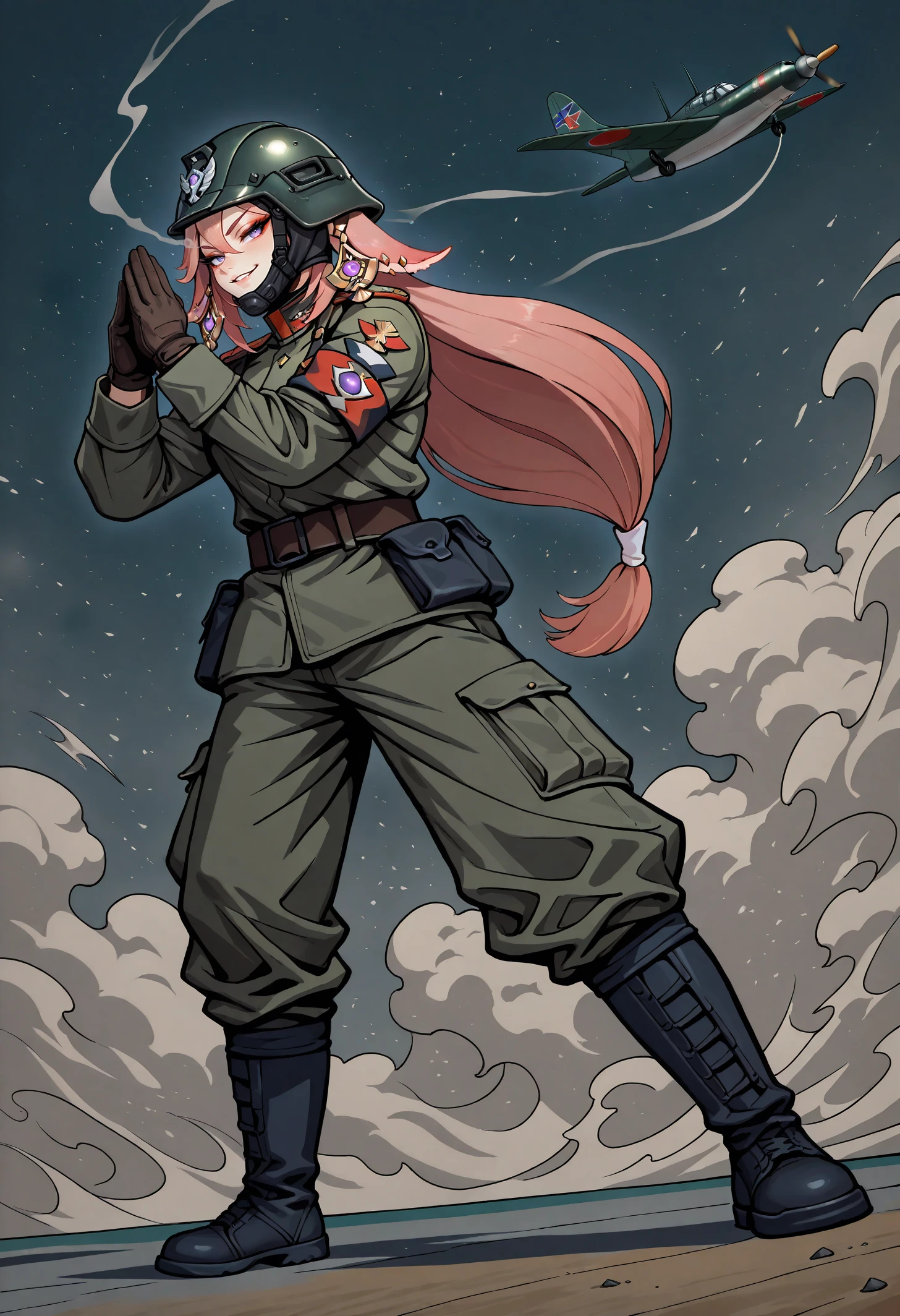 masterpiece, best quality, airplane, air, motion lines, motion blur, yae miko, seductive smile, helmet, dutch angle, full body, military, steam, smoke, uniform, pants, belt, soldier, commandant, stance,