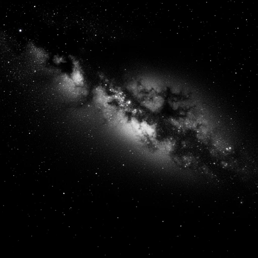 with the Milky Way's bright, with some appearing as individual points of light while others form a continuous, indicating the densest concentration of stars., showcasing the Milky Way galaxy. The image features a dark, showcasing the Milky Way galaxy. The photograph captures the vast expanse of space with a deep, night sky. The image is dominated by swirling, specifically showcasing the Milky Way galaxy. The image is in black and white