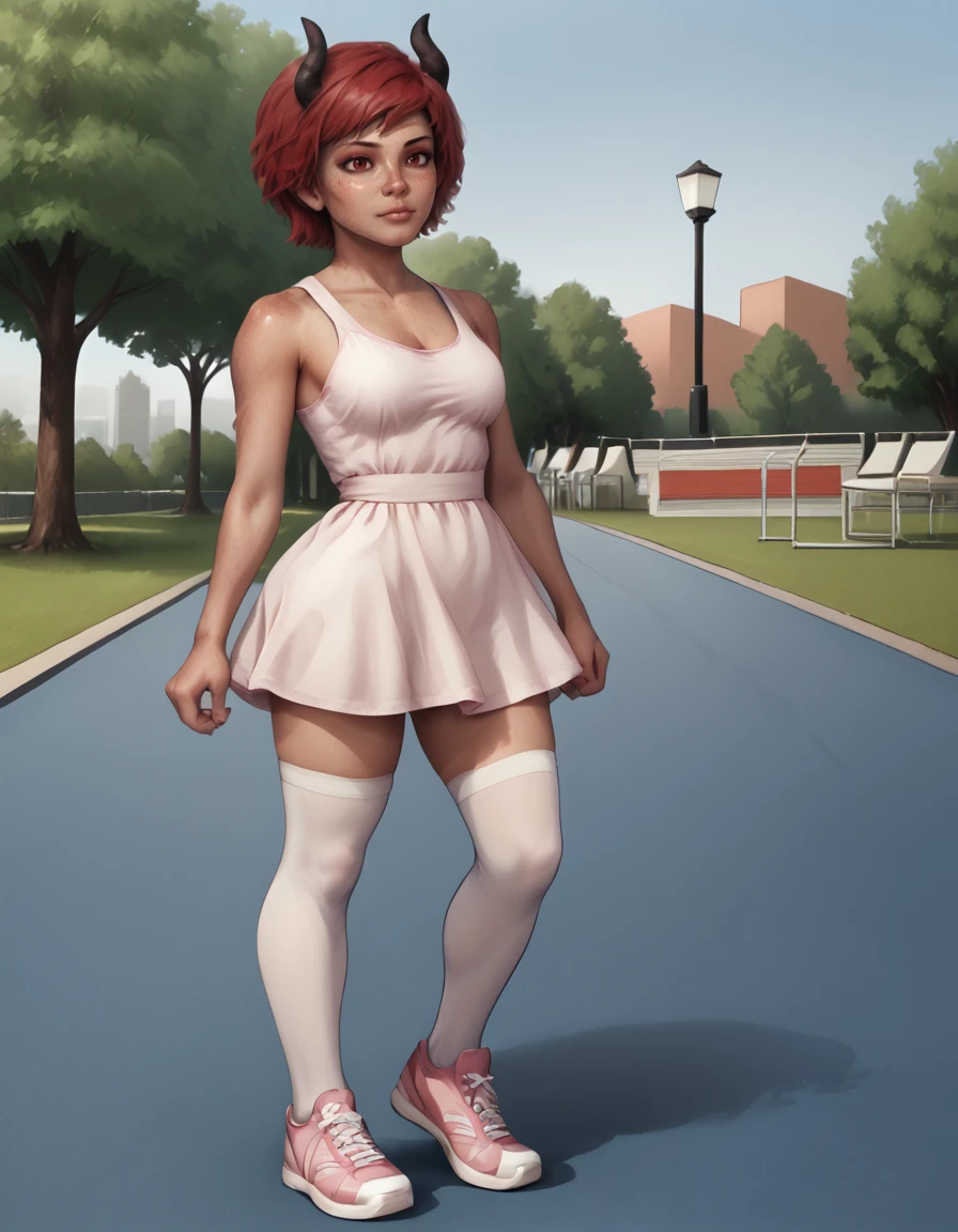 indoors,detailed background,park,
Lilith,1girl,solo,red hair,short hair,freckles,horns,red eyes,realistic,demon girl,demon horns,dark skin,body freckles,
full body,pose,
pink sundress,white thighhighs,sport footwear,
<lora:Suzie_v01_PDXL:1>,<lora:Lilith_v01_PDXL:1>,