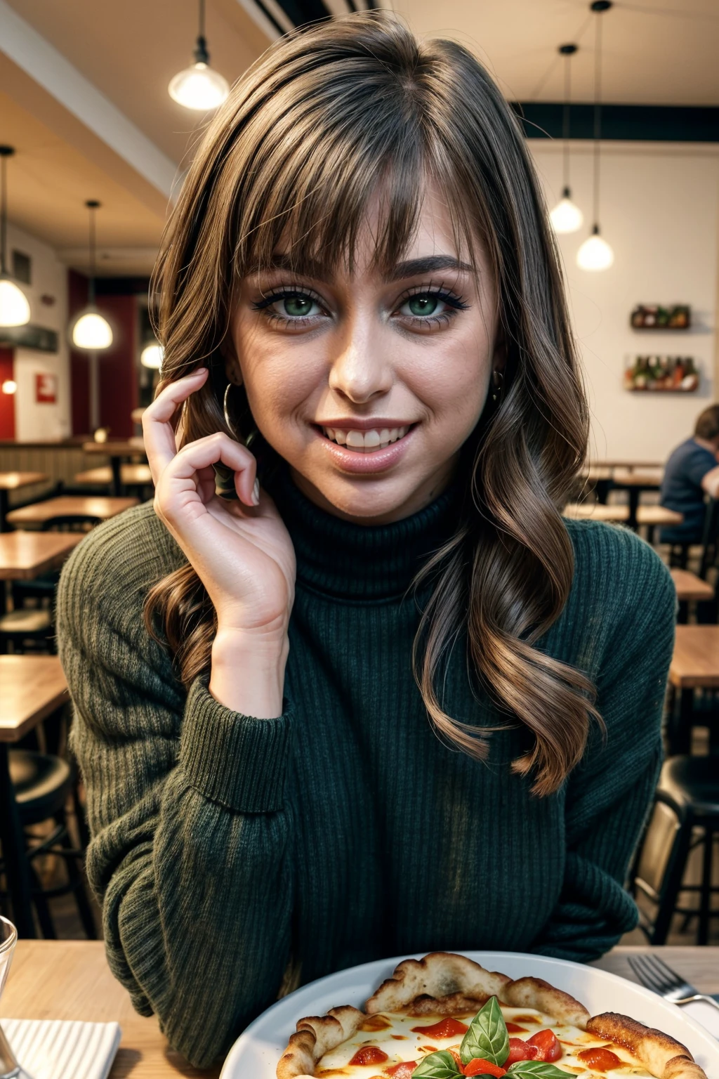 masterpiece, high resolution, cinematic, absurdres, photorealistic, realistic. portrait, rlyrd, Riley Reid, <lora:riley_reid_LoRA_0.1-000006:1>, wavy long __natural-haircolors__ hair, wearing a __colours__ turtle-neck jumper, at a pizzeria in Rome, laughing, dinner with rlyrd. <lora:lora_perfecteyes_v1_from_v1_160:0.6>, green eyes, photo of perfecteyes eyes, perfecteyes eyes. perfect hands, detailed hands. <lora:more_details:0.4>