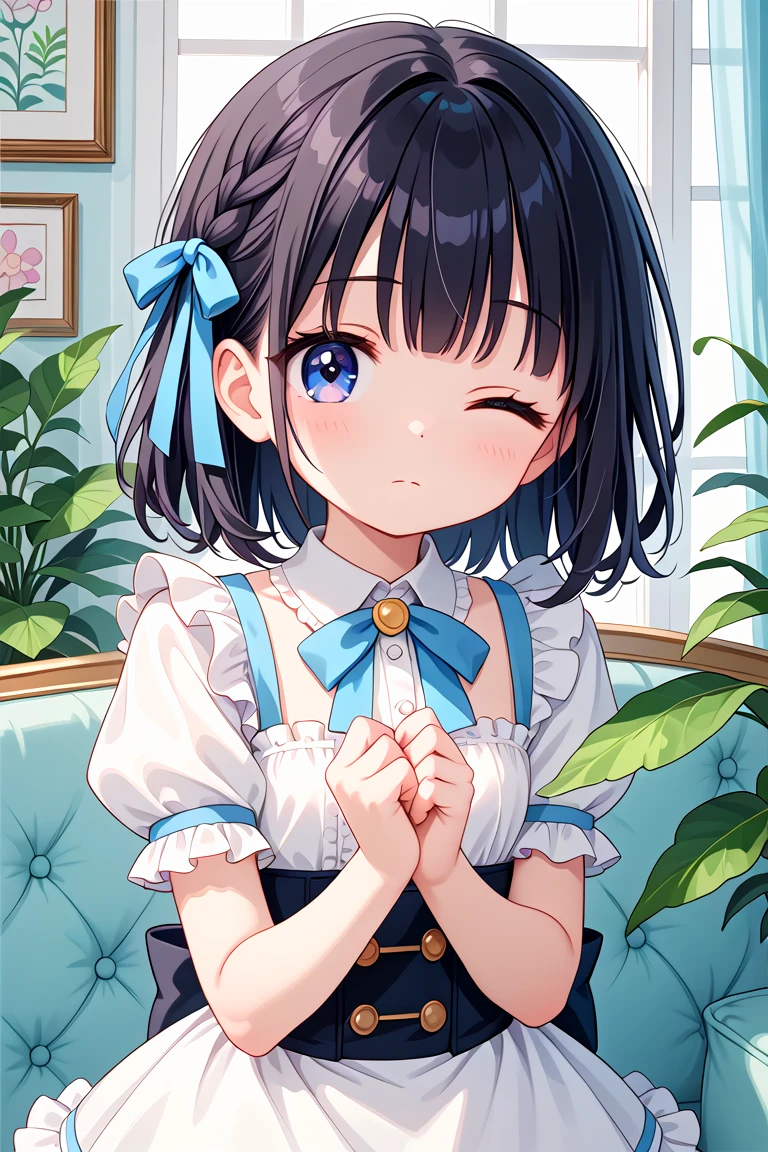 newest, masterpiece, best quality
BREAK
score_9, score_8_up, score_7_up, score_6_up, score_5_up, score_4_up
BREAK
cute round face, slender, kawaii, ultra cute girl, ultra cute face, ultra detailed eyes, ultra detailed hair, ultra beautiful,
1girl, solo,
Intricate details, Extremely detailed, Outstanding intricacies, Absurdres absolutely resolution, Serene atmosphere,
(Portrait, Face focus, shooting from front:1.2),
expressionless, closed mouth, Looking at viewer, one eye closed,
medium hair, black hair,
White ruffled blouse, saxe-blue ribbon tie, short ruffled sleeves and long layerd skirt,
Fashionable cafe living room, Decorative plants, Pastel cute sofa, Pastel cute curtains, Pastel cute wallpaper
<lora:wink1_left_xl_v10:1>