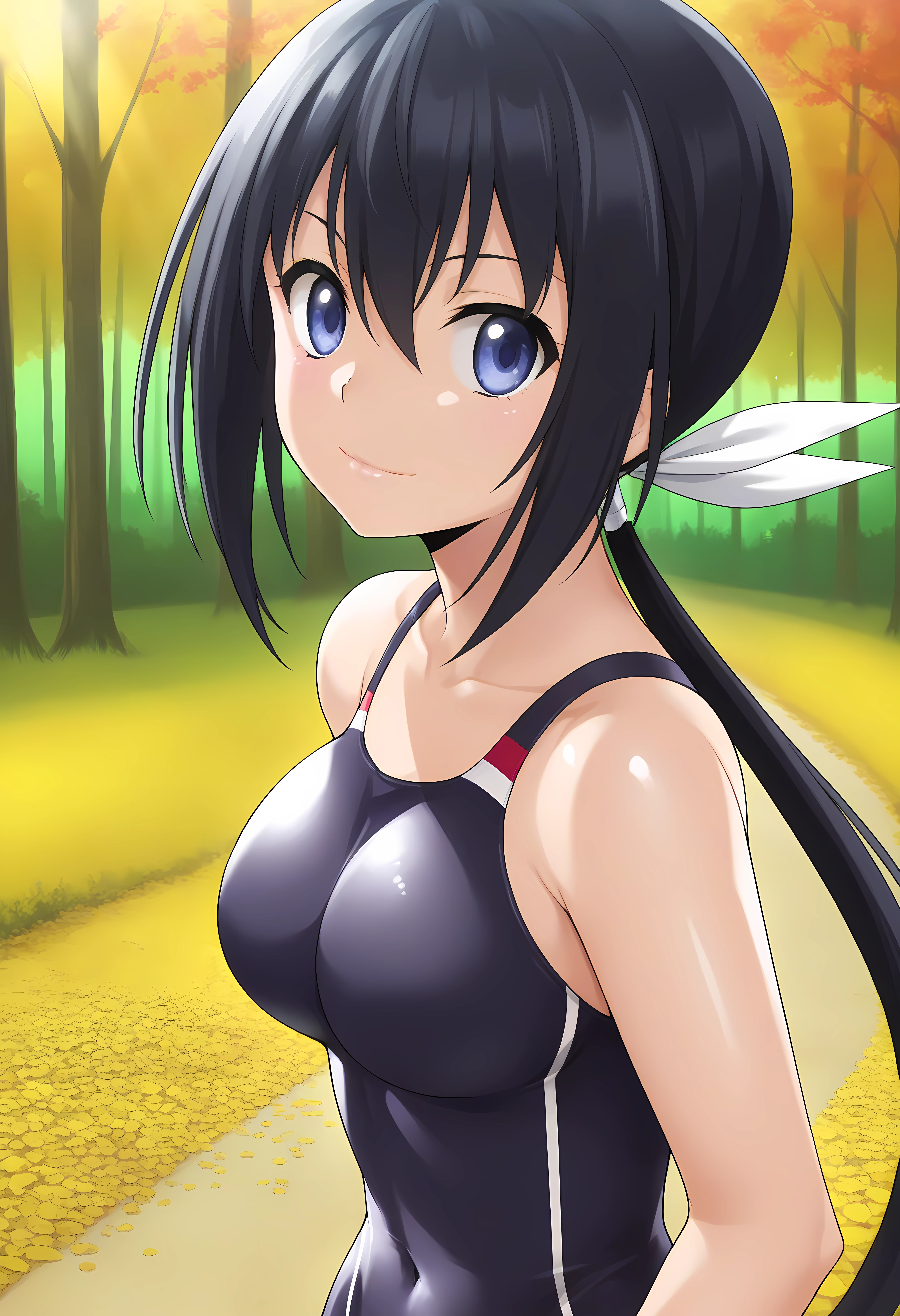 looking at viewer, shiny skin, upper body, light smile,ohwx, black_hair, 1girl, long_hair, ponytail, ribbon, blue_eyes, hair_ribbon, breasts, purple_eyes, low_ponytail, hair_between_eyes,swimsuit, one-piece_swimsuit, competition_swimsuit, covered_navel, Pathway through a forest of red maple trees, soft sunlight, peaceful and vibrant autumn scenery,<lora:nozomi_kaminashi_illustrious_sobsynapse-000002:1>