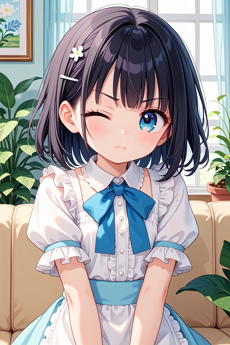 newest, masterpiece, best quality
BREAK
score_9, score_8_up, score_7_up, score_6_up, score_5_up, score_4_up
BREAK
cute round face, slender, kawaii, ultra cute girl, ultra cute face, ultra detailed eyes, ultra detailed hair, ultra beautiful,
1girl, solo,
Intricate details, Extremely detailed, Outstanding intricacies, Absurdres absolutely resolution, Serene atmosphere,
(Portrait, Face focus, shooting from front:1.2),
angry, closed mouth, Looking at viewer, one eye closed,
medium hair, black hair,
White ruffled blouse, saxe-blue ribbon tie, short ruffled sleeves and long layerd skirt,
Fashionable cafe living room, Decorative plants, Pastel cute sofa, Pastel cute curtains, Pastel cute wallpaper
<lora:wink1_right_xl_v10:1>