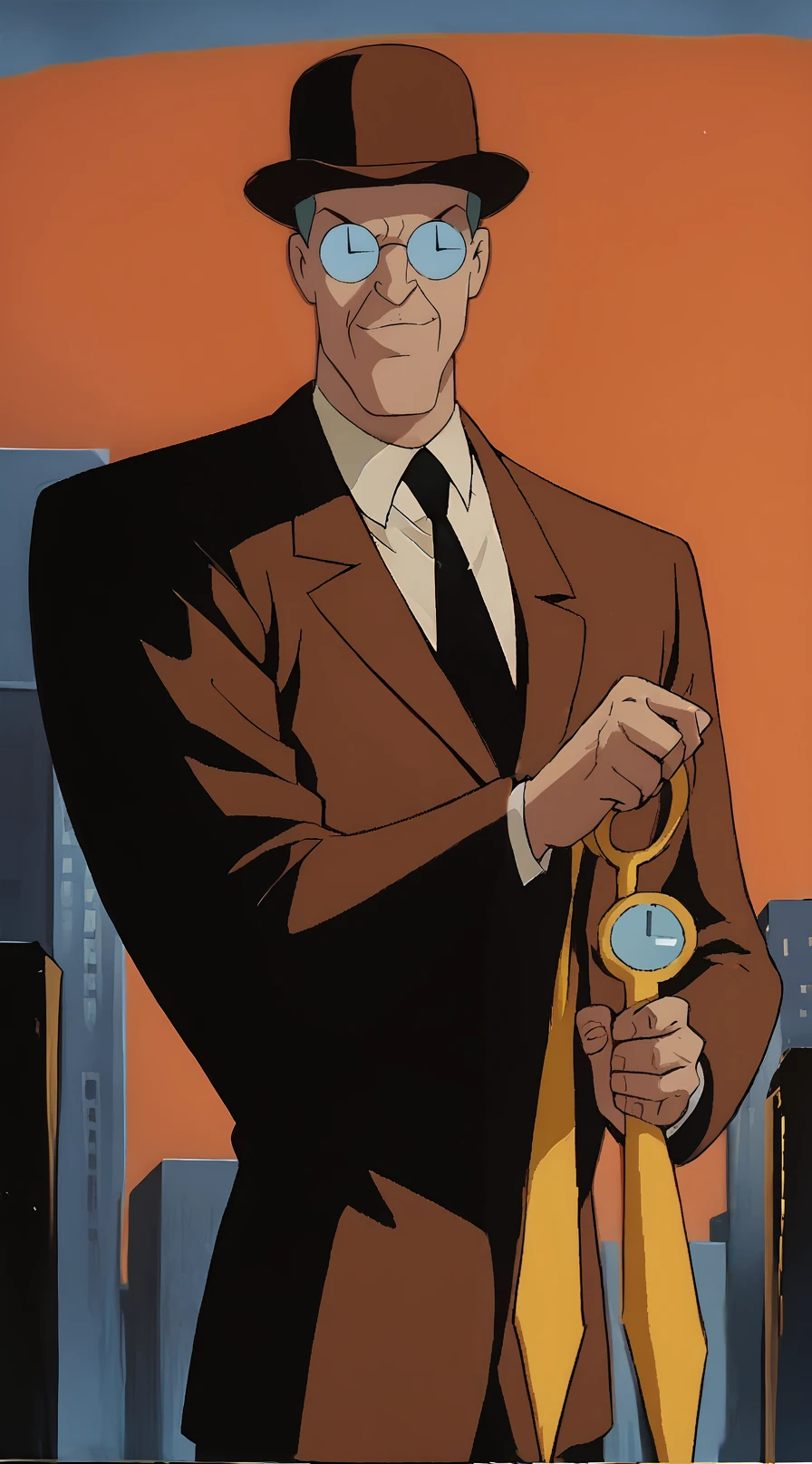 (ccbtas), round eyewear, opaque glasses, brown suit, cowboy shot, looking at viewer, leaning on gold cane, smug, 90s cartoon style, gotham city background, 90s cartoon style, flat shaded,  <lora:Clock_King_-_Batman_Animated_v1:0.9>, <lora:dcau-330:0.3>, <lora:batman_pony_v1:0.3>,  <lora:PONYXL_LewisArt_ownwaifu:0.7>, score_9, score_8_up, score_7_up, score_6_up, score_5_up, score_4_up,