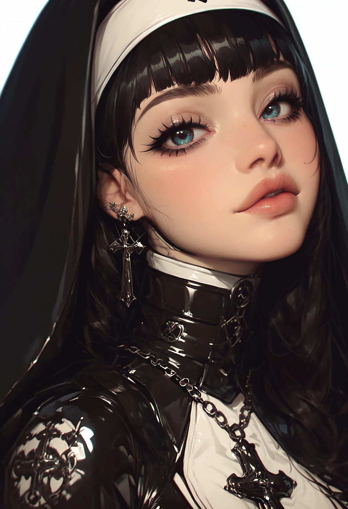 score_9, score_8_up, score_7_up, score_6_up,morimee_style, 1girl, cute face,looking at viewer,white background,portrait,bust shot,cleavage,latex,big,eyeliner,flower tattoo,jewelry,nun,necklace<lora:MoriiMee_Gothic_Niji_Style__Pony_LoRA:0.9>