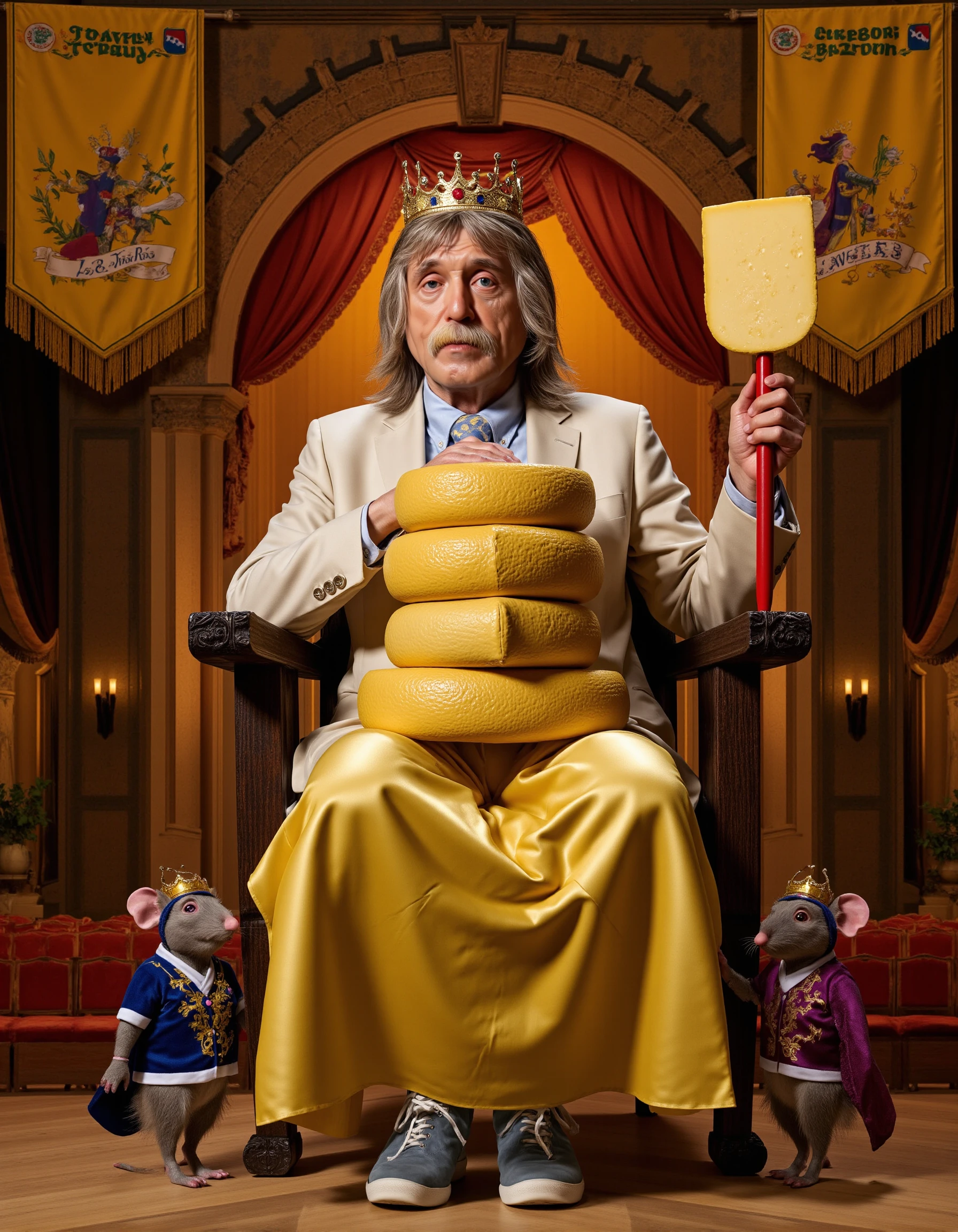 <lora:Johan Derksen:1.5> a man called Johan Derksen, old man, grey hair, 
Imagine Johan sitting regally on a throne made entirely of stacked cheese wheels, with a cheese crown on his head and a scepter topped with a giant wedge of Gouda. His expression is serious, as if ruling over a "Kingdom of Cheese," while small mice dressed as knights stand guard around him. The background is an ornate, medieval-style hall decorated with cheese-themed banners, adding a layer of absurdity to his "royal" status.