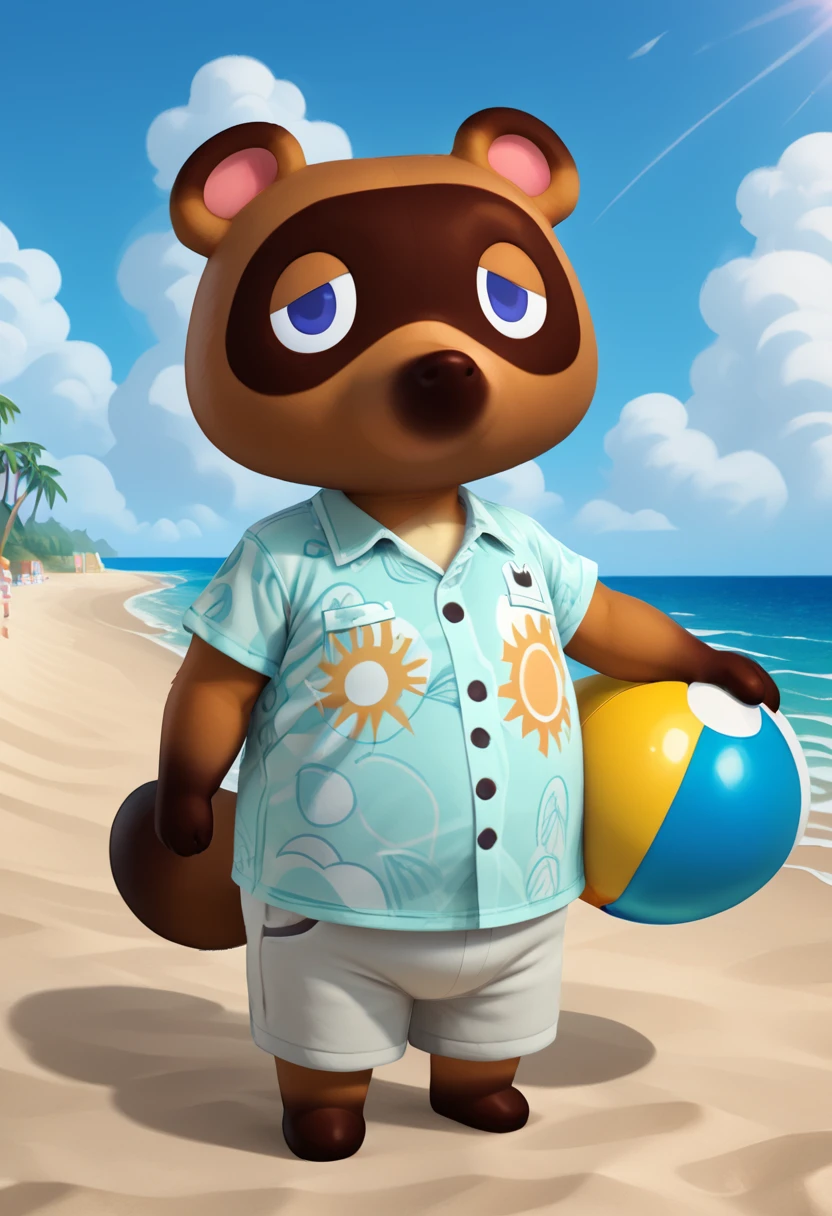 score_9, score_8_up, score_8,
 <lora:Request_Tom_Nook_Animal_Crossing_for_PonyXL:0.8> 1boy, furry male, t0mr00k, solo, blue eyes, tail, tanuki, shirt, 
beach, beach ball, clouds, sunset