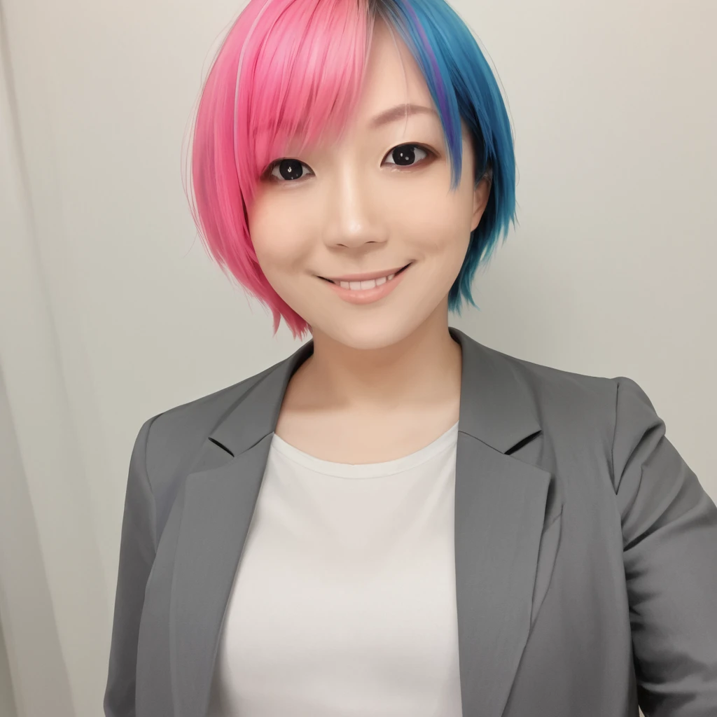 masterpiece, best quality,  <lora:Pony_Asuka_-_WWE_Superstar:1>, @suk@, 1girl, solo, pink hair, multicolored hair, short hair, looking at viewer, realistic, shirt, two-tone hair, smile blue hair, white shirt, upper body, black eyes, suit jacket