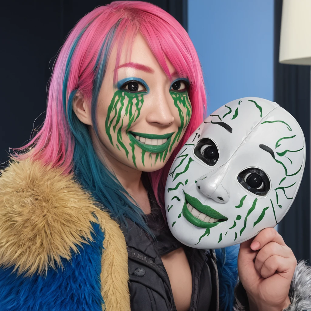 masterpiece, best quality,  <lora:Pony_Asuka_-_WWE_Superstar:1>, @suk@, 1girl, mask, solo, breasts, multicolored hair, eyeshadow, holding, pink hair, smile, facepaint, looking at viewer, grin, mask removed, holding mask, blue hair, fur trim, medium breasts, realistic, upper body, two-tone hair, black eyes, wrestling jacket, green lips