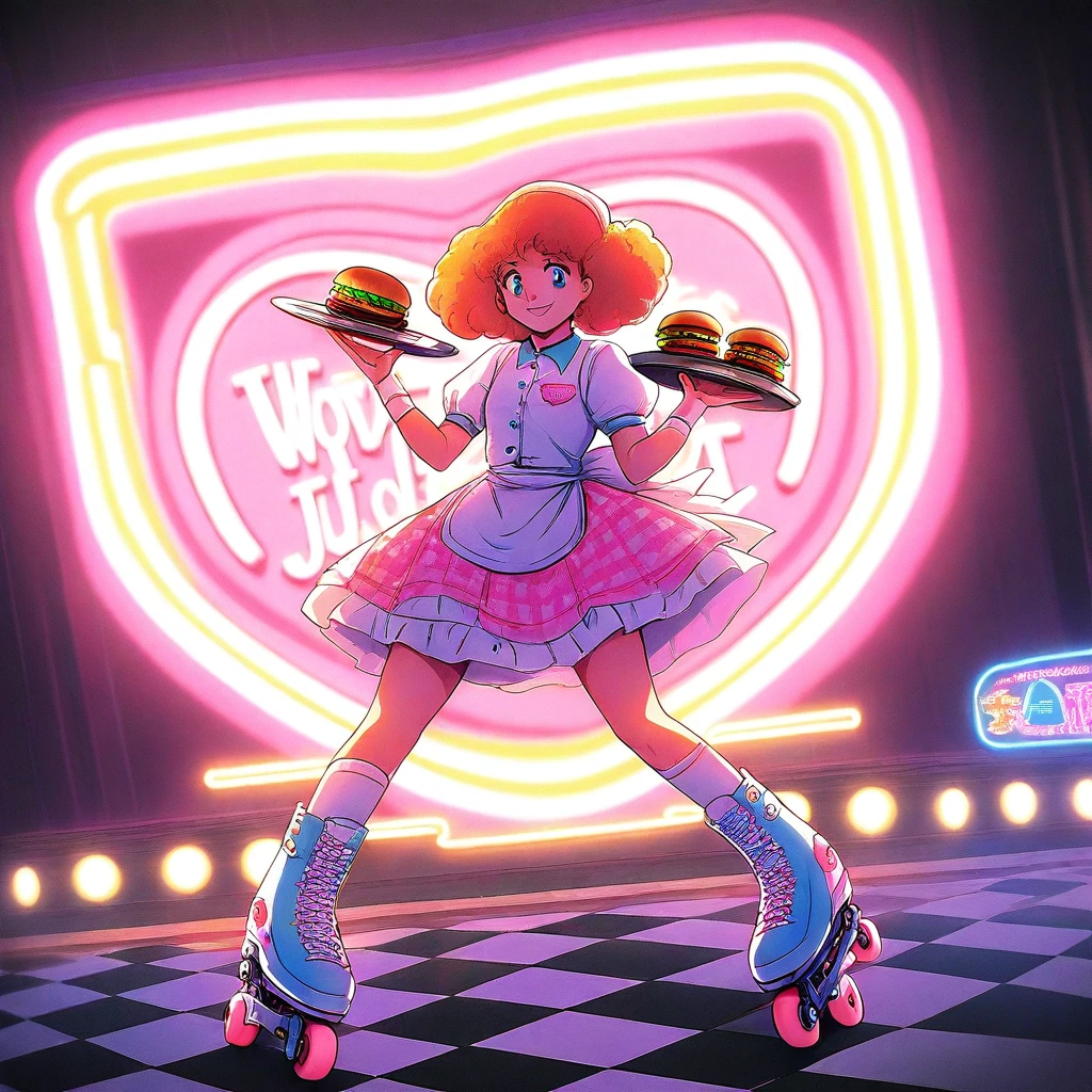 pearlescent, Capture the lively atmosphere of a 1950s diner, (waitress:1.3) on roller skates, serving a (juicy burger:1.2) meal. Emphasize her (poodle skirt:1.4), (bright smile:1.1), and (retro decor:1.2) with checkered floors, neon lights, and classic booths. Inspired by the works of (Richard Avedon:1.3) and (William Eggleston:1.2)., cinematic angle, cinematic lighting, dynamic pose, masterpiece