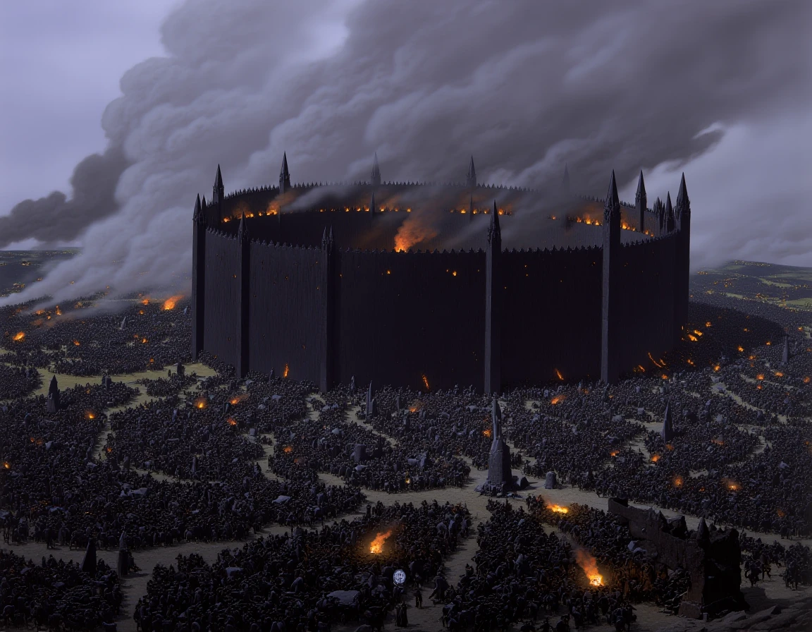 During the Siege of Barad-dûr, the armies of the Last Alliance encircle Sauron's fortress beneath a smoke-filled sky. Siege engines hurl burning projectiles against black walls that seem to drink in the light, while sortie after sortie crashes against the allies' lines. The siege stretches for seven years, the landscape transformed into a scarred wasteland.
<lora:TedNasmith_MiddleEarth-flux-v1:1.5>