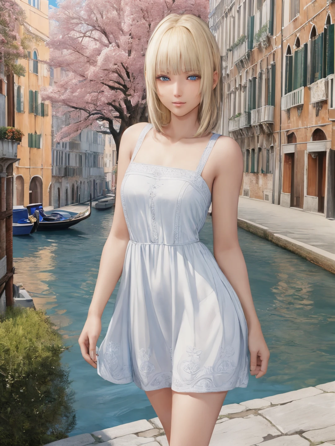 <lora:Lunafrena_L_0Rv2:0.7>, <lora:CC_Detail_Tweaker_1:0.5>
lunafrena-l, blue eyes, blonde hair, medium hair, small breasts
white dress, sleeveless
masterpiece, best quality, ultra-detailed, detailed, detailed skin, absurdres, 8k, digital art
1girl, solo, facing viewer, looking at viewer, standing, cowboy shot
(outdoors, fantasy, venice, stone floor, tree, flower bed, canal)